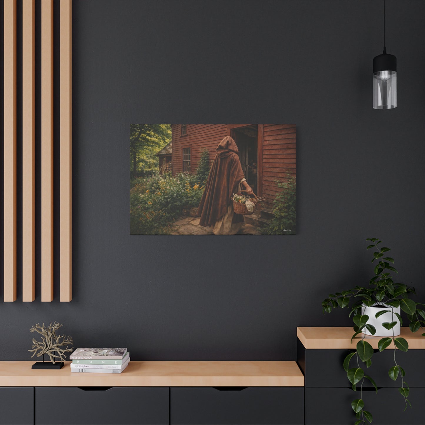 Domestic Rustic Cottage Woman Canvas Wall Art – Vintage Cloak & Basket Matte Stretched Print