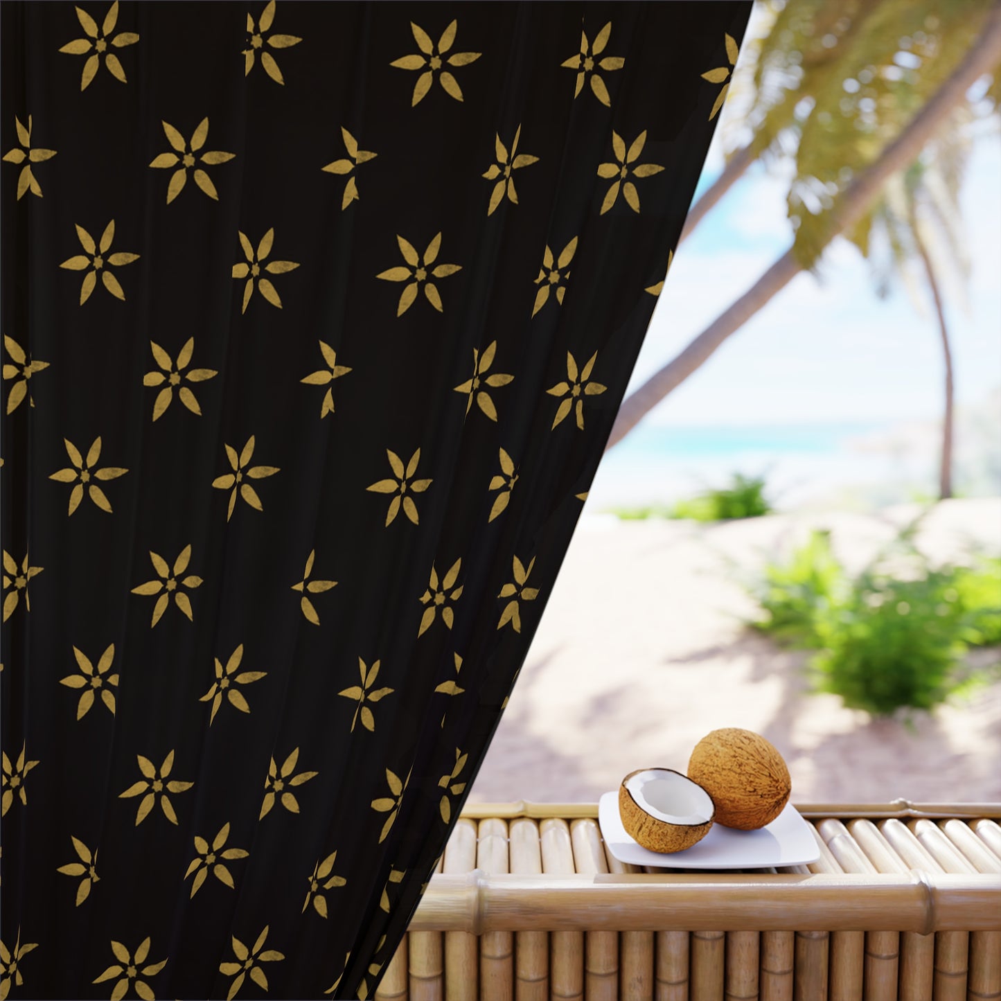 Black with Medium Gold Stencil Petals Window Curtains (1 Piece)