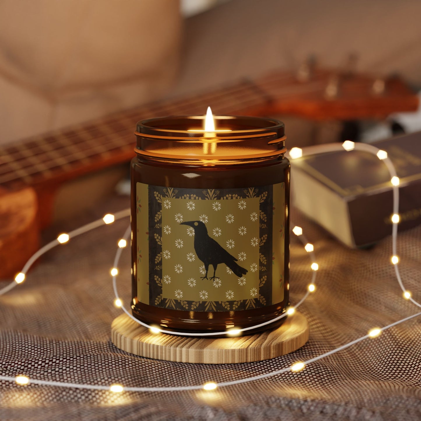 Patchwork Stencil Crow Scented Soy Candle (Multi-Size, Amber Jar)