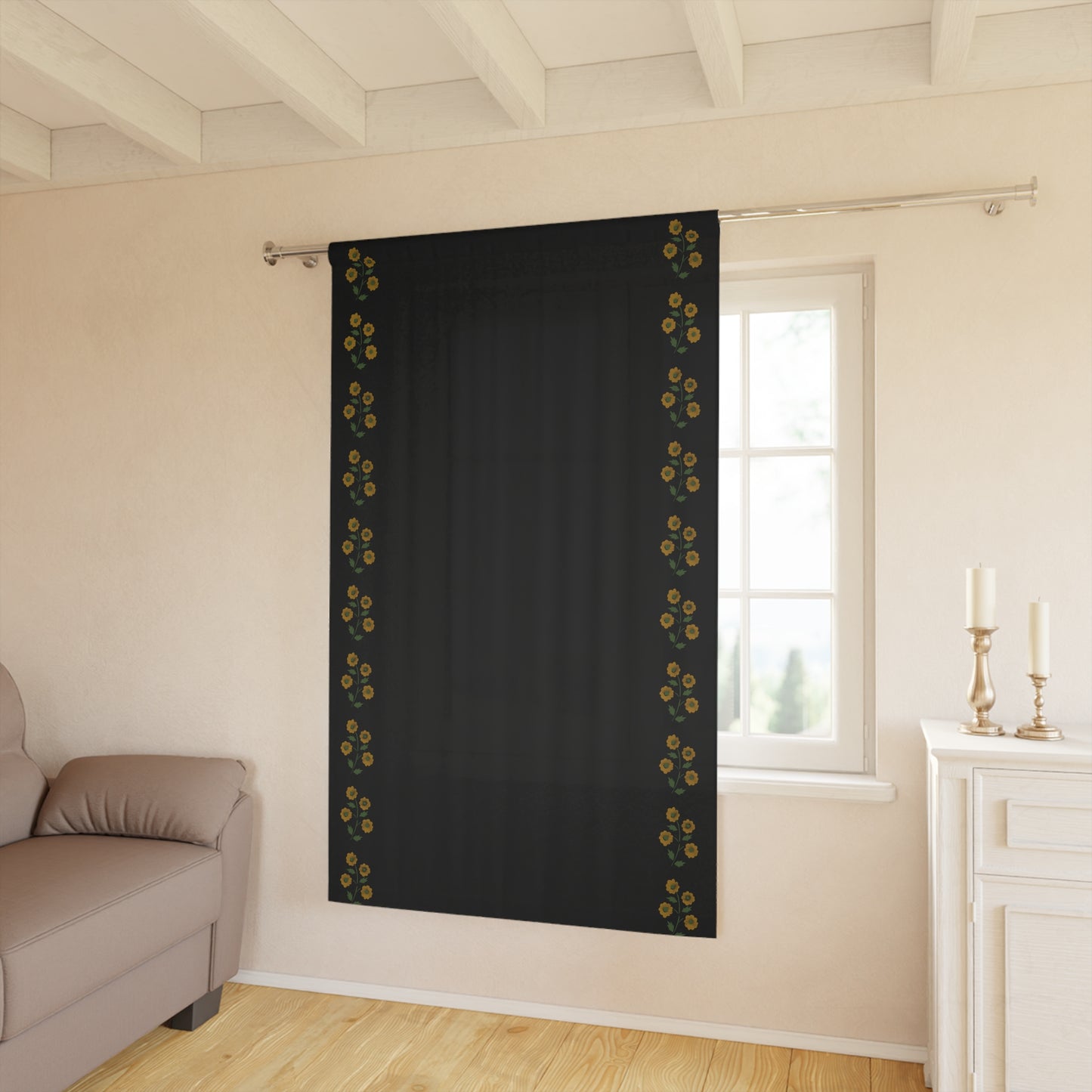 Stencil Flower on Black Window Curtains (1 Piece)