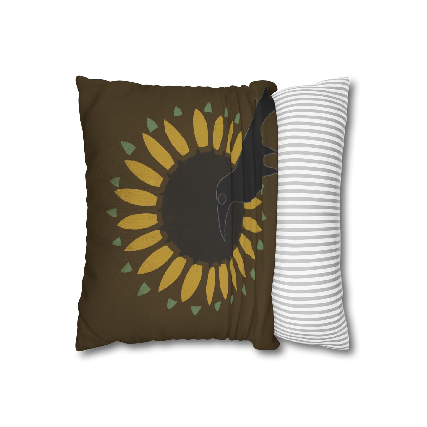 Sunflower and Crow on Brown/Green Square Poly Canvas Pillowcase
