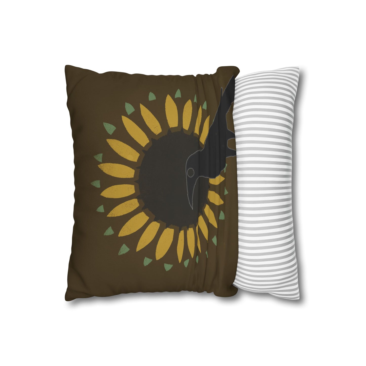 Sunflower and Crow on Brown/Green Square Poly Canvas Pillowcase