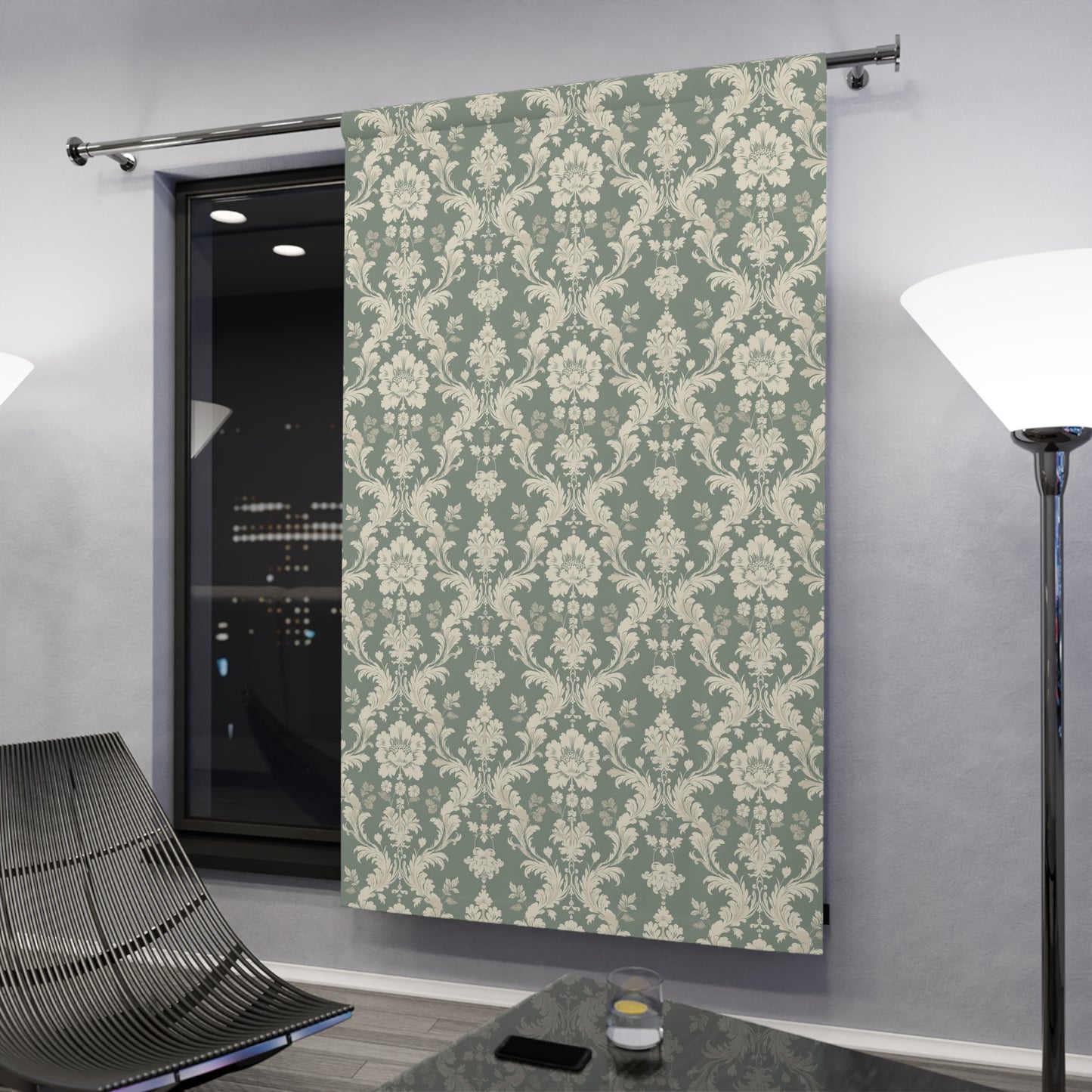 Green and Off White Damask Window Curtains (1 Piece)
