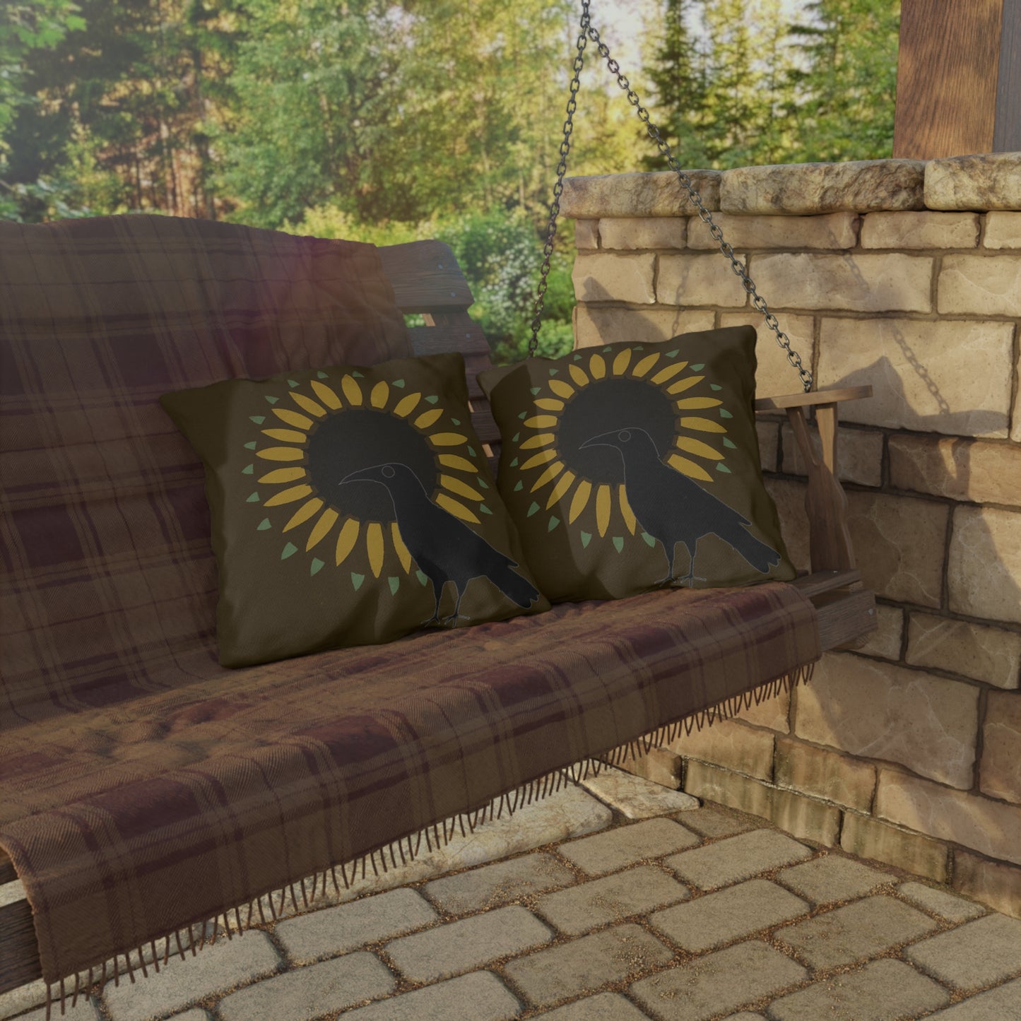 Crow. andSunflower on Brown Green Outdoor Pillows