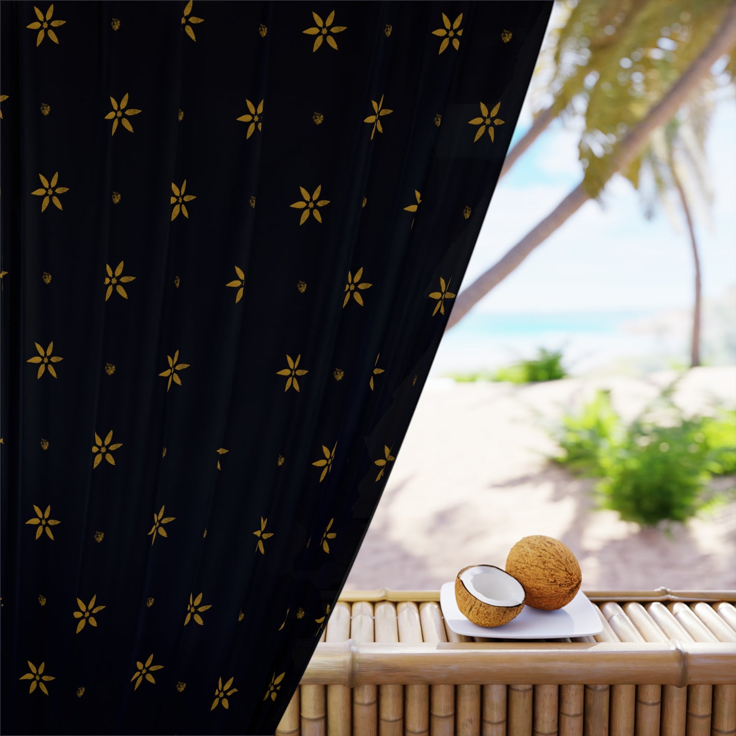 Gold on Black Stencil Window Curtains (1 Piece)