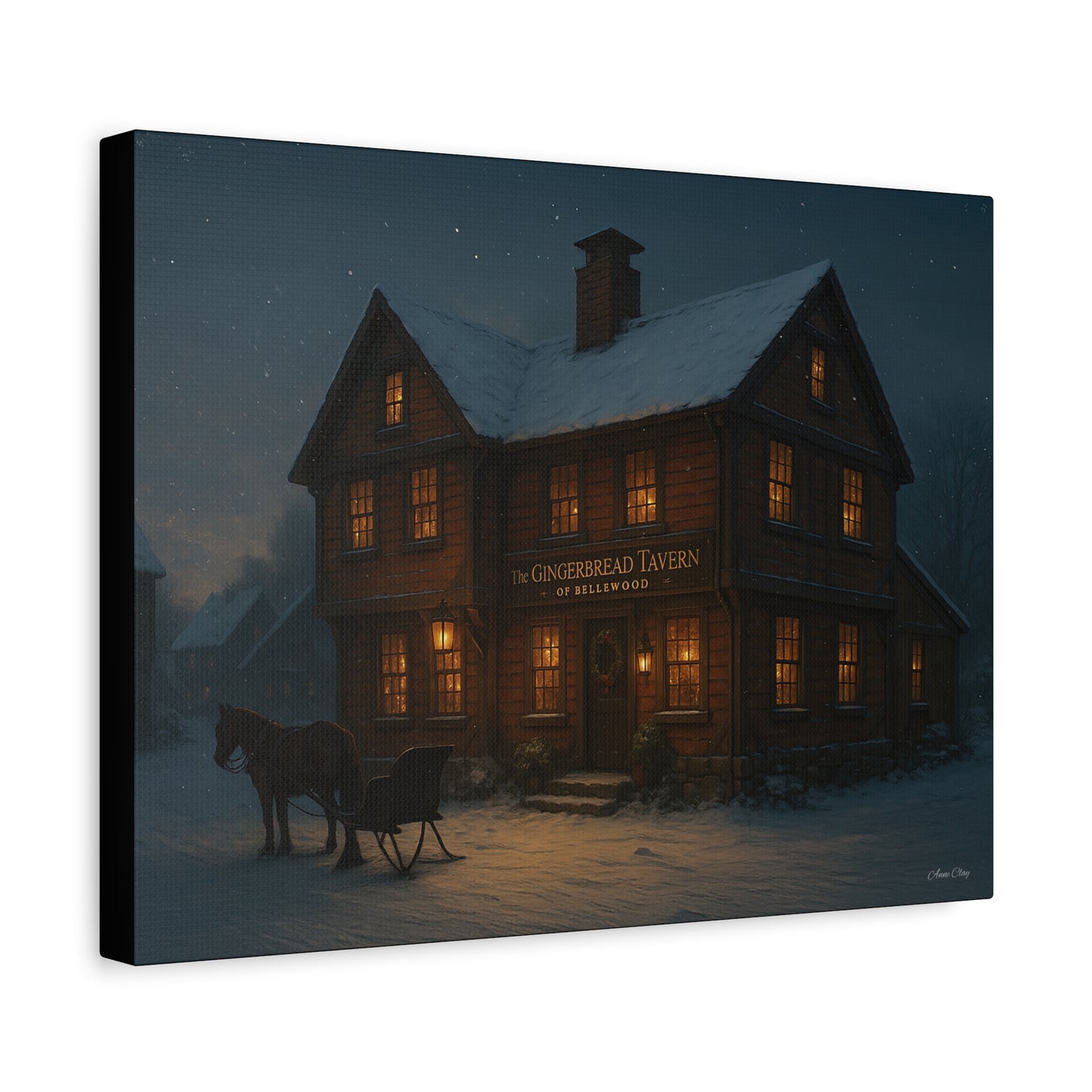 Gingerbread Tavern Winter Night Matte Stretched Canvas