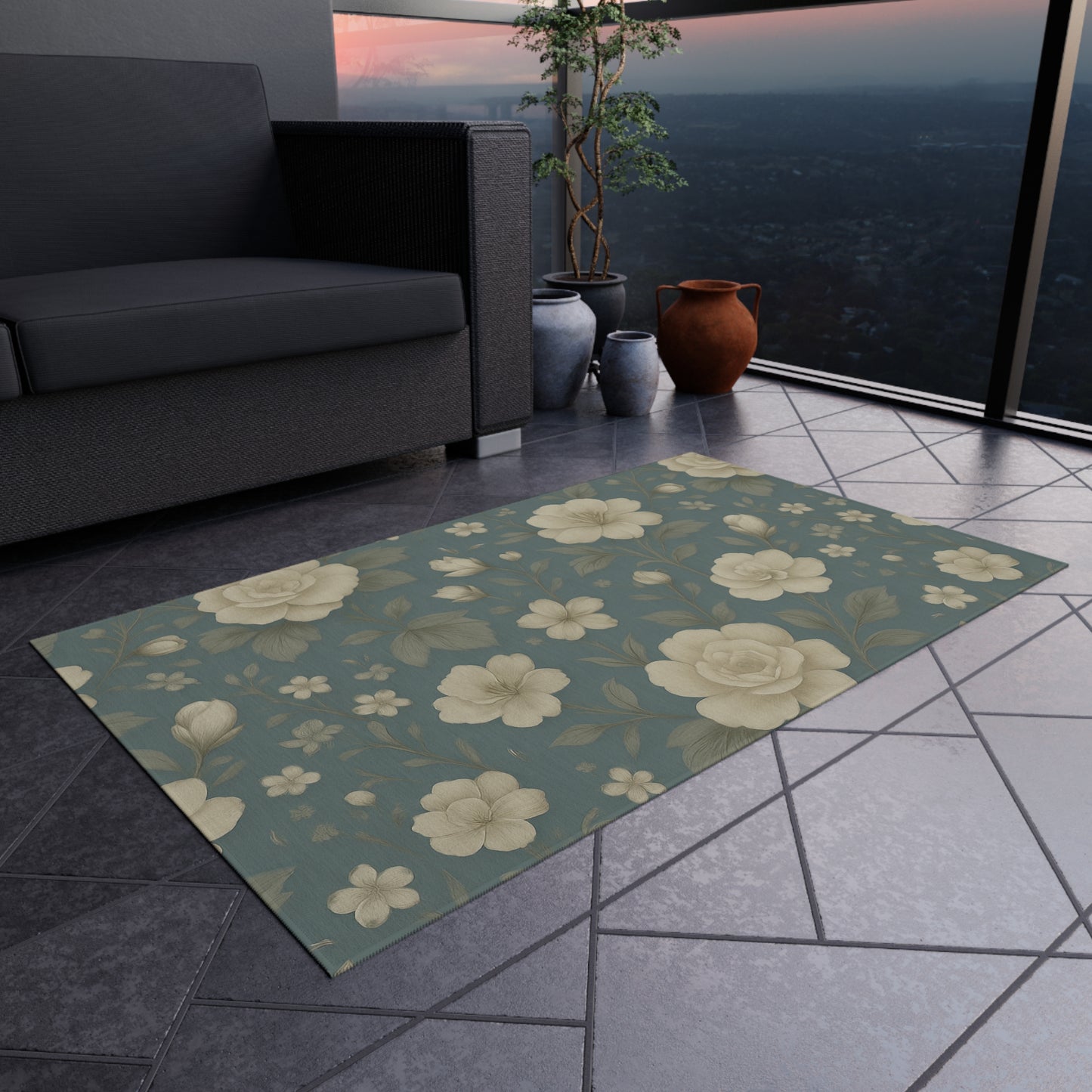 Floral Outdoor Patio Rug - Chic Garden Decor, Indoor-Outdoor Mat, Stylish Entertaining, Summer BBQ, Cozy Gathering