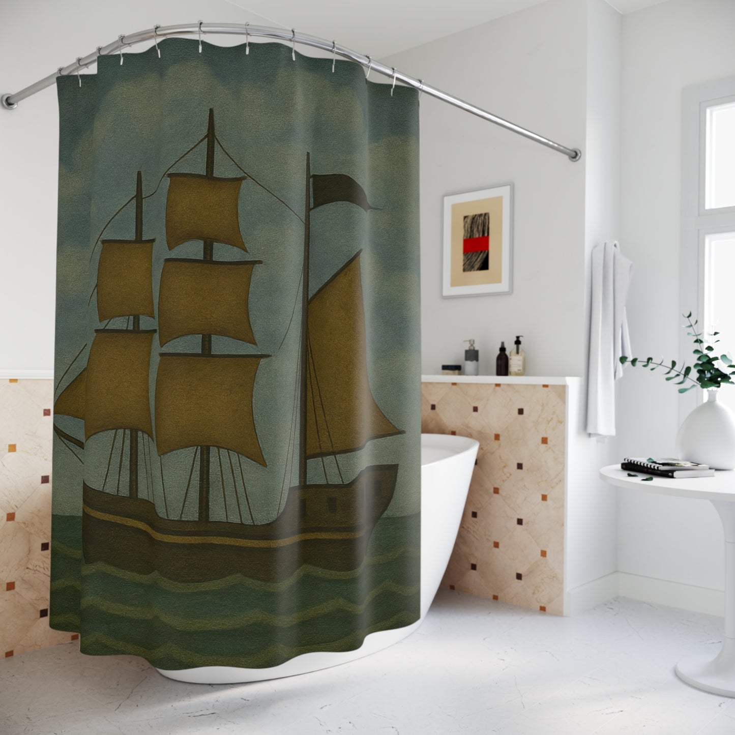 Nautical Ship Shower Curtain, Ocean Decor, Bathroom Accessory, Maritime Theme, Sailor Gift, Elastic Hooks Included
