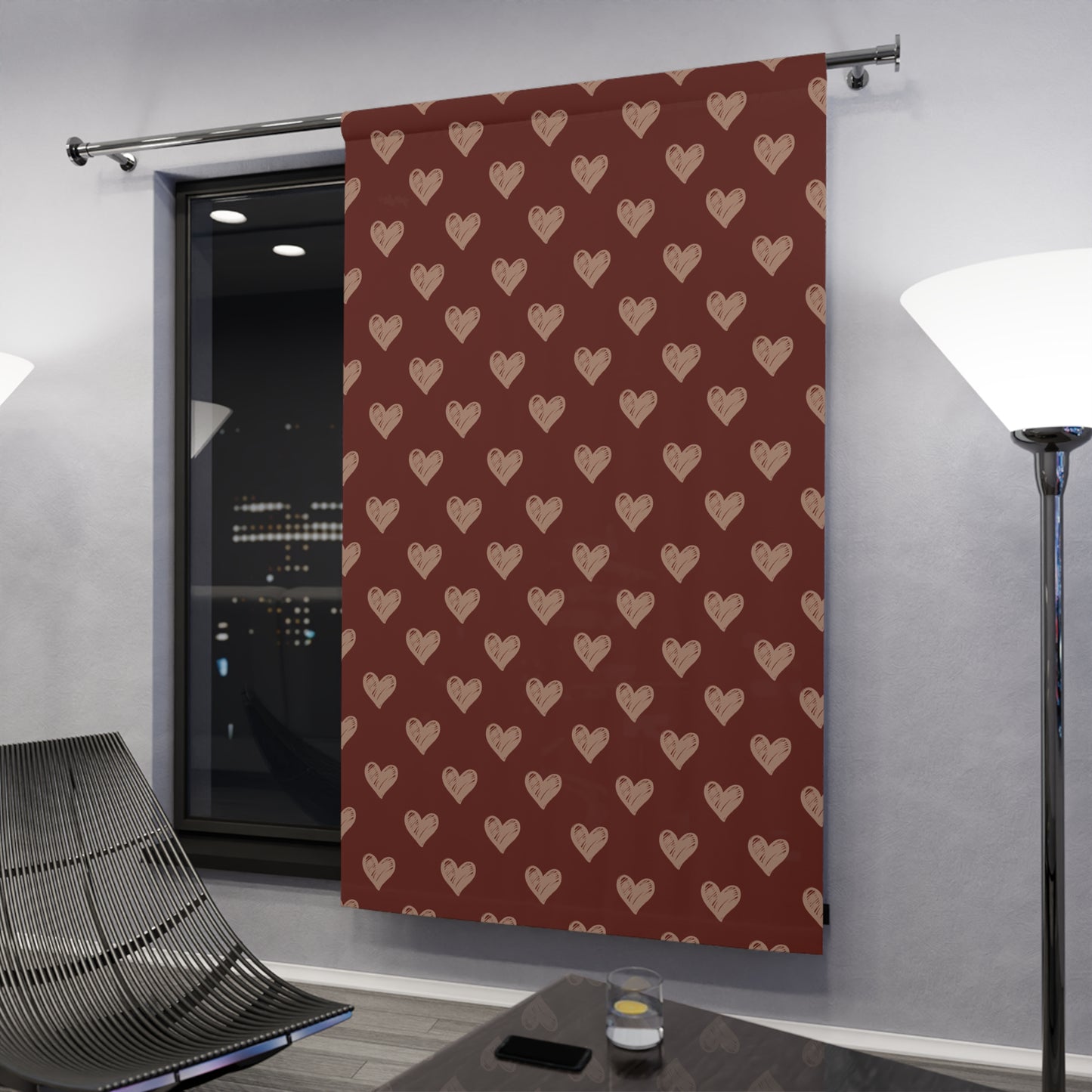 Cream Hearts Stencil on Red Window Curtains (1 Piece)