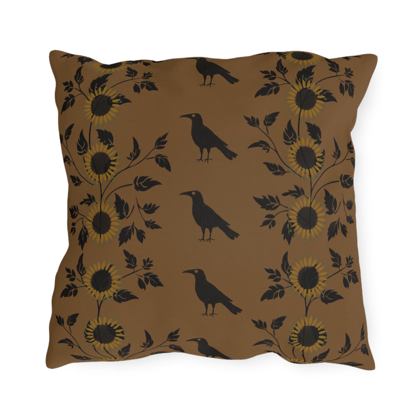 Sunflower and Crows on Gold Outdoor Pillows