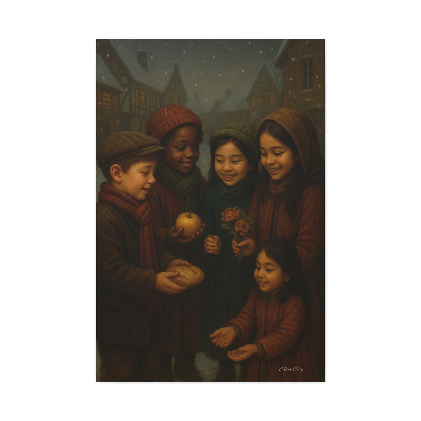 Spirit of Christmas, Open Arms, Sharing Festive Canvas Art Print: Joyful Winter Children Scene