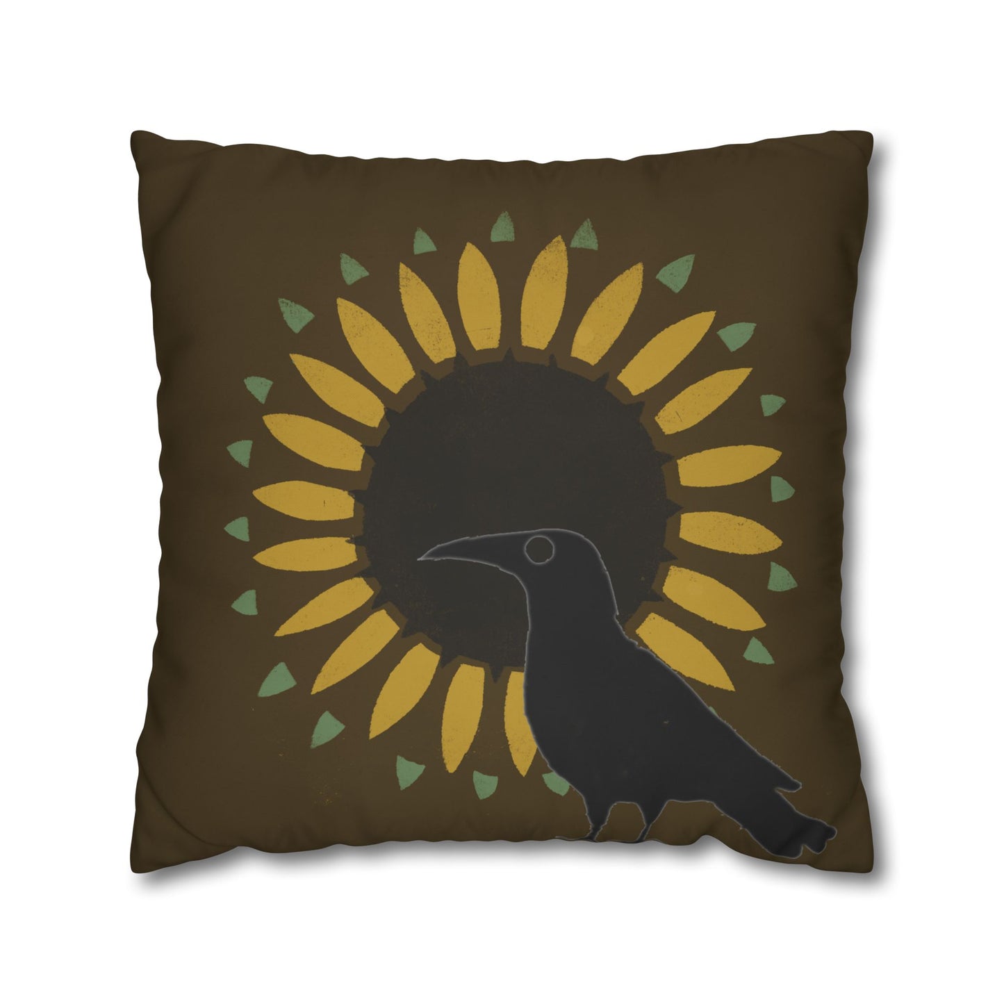 Sunflower and Crow on Brown/Green Square Poly Canvas Pillowcase