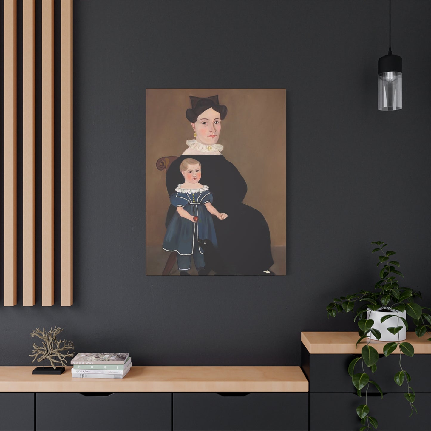 Early American Folk Art Mother and Child Vintage Portrait Canvas Art for Home Decor