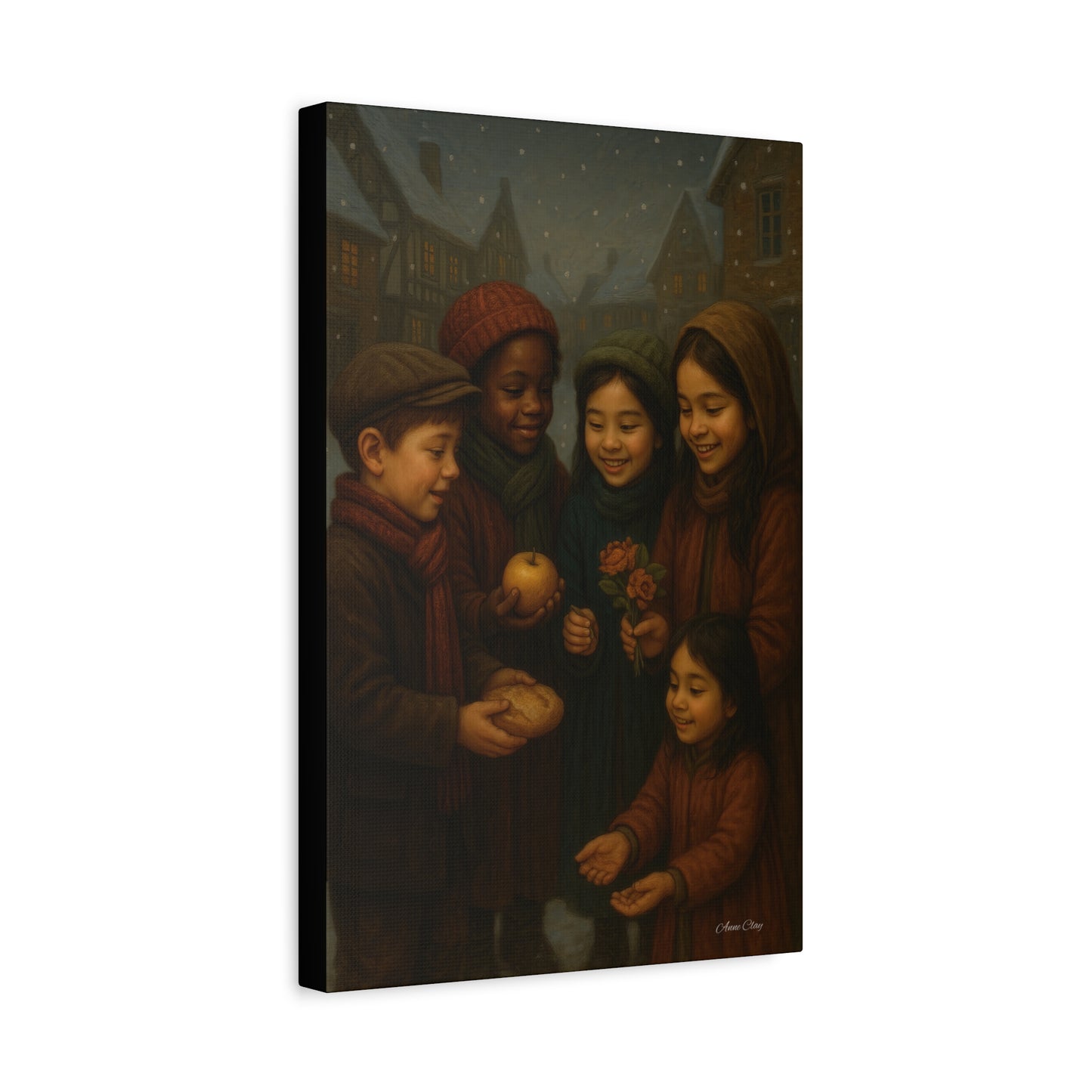 Spirit of Christmas, Open Arms, Sharing Festive Canvas Art Print: Joyful Winter Children Scene