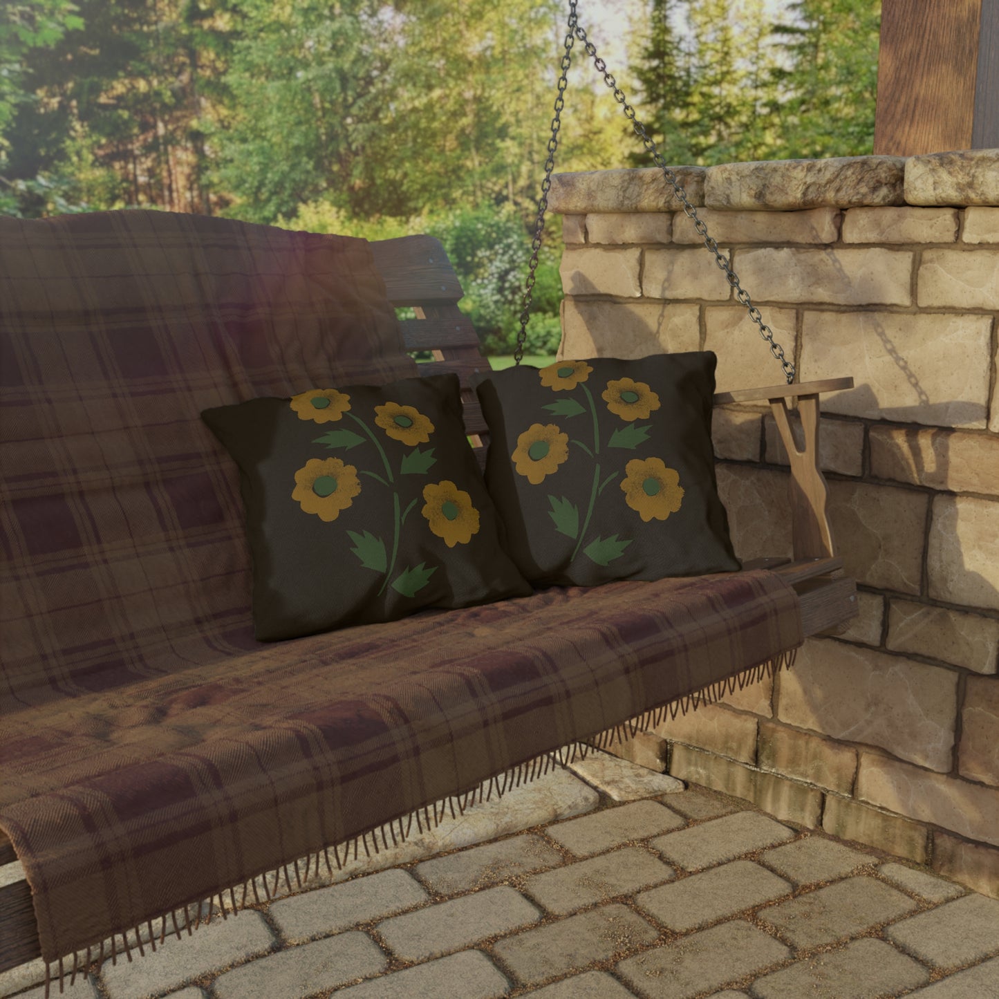Stencil Flowers on Brown Outdoor Pillows