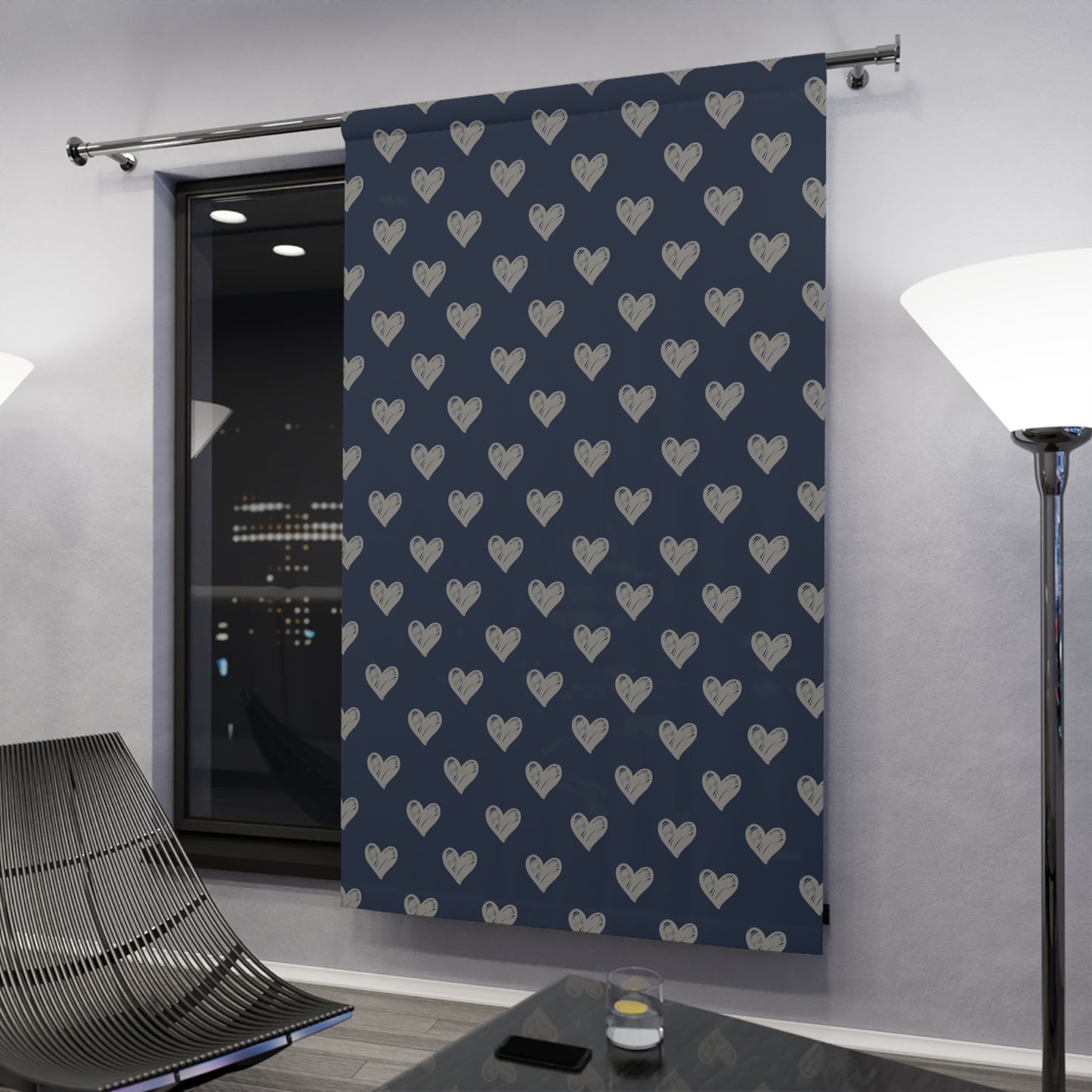 Cream Hearts Stencil on True Blue Window Curtains (1 Piece)