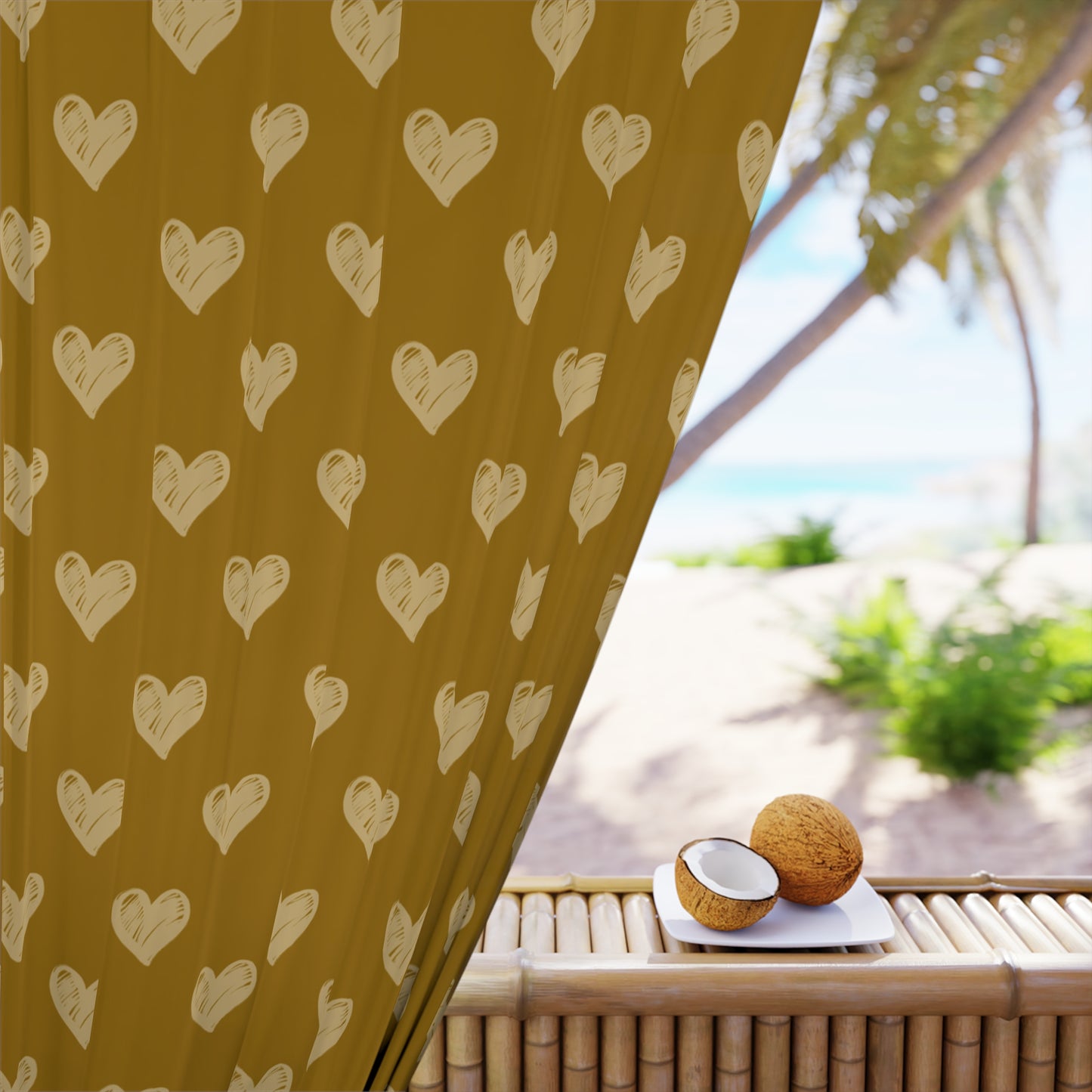 Cream Hearts on Deeper Gold Window Curtains (1 Piece)