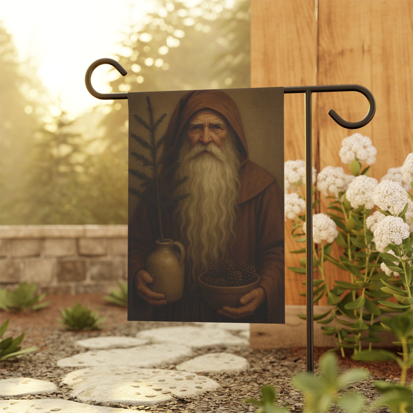 Garden Welcome Banner - Whimsical Nature Decor with Rustic Elderly Figure