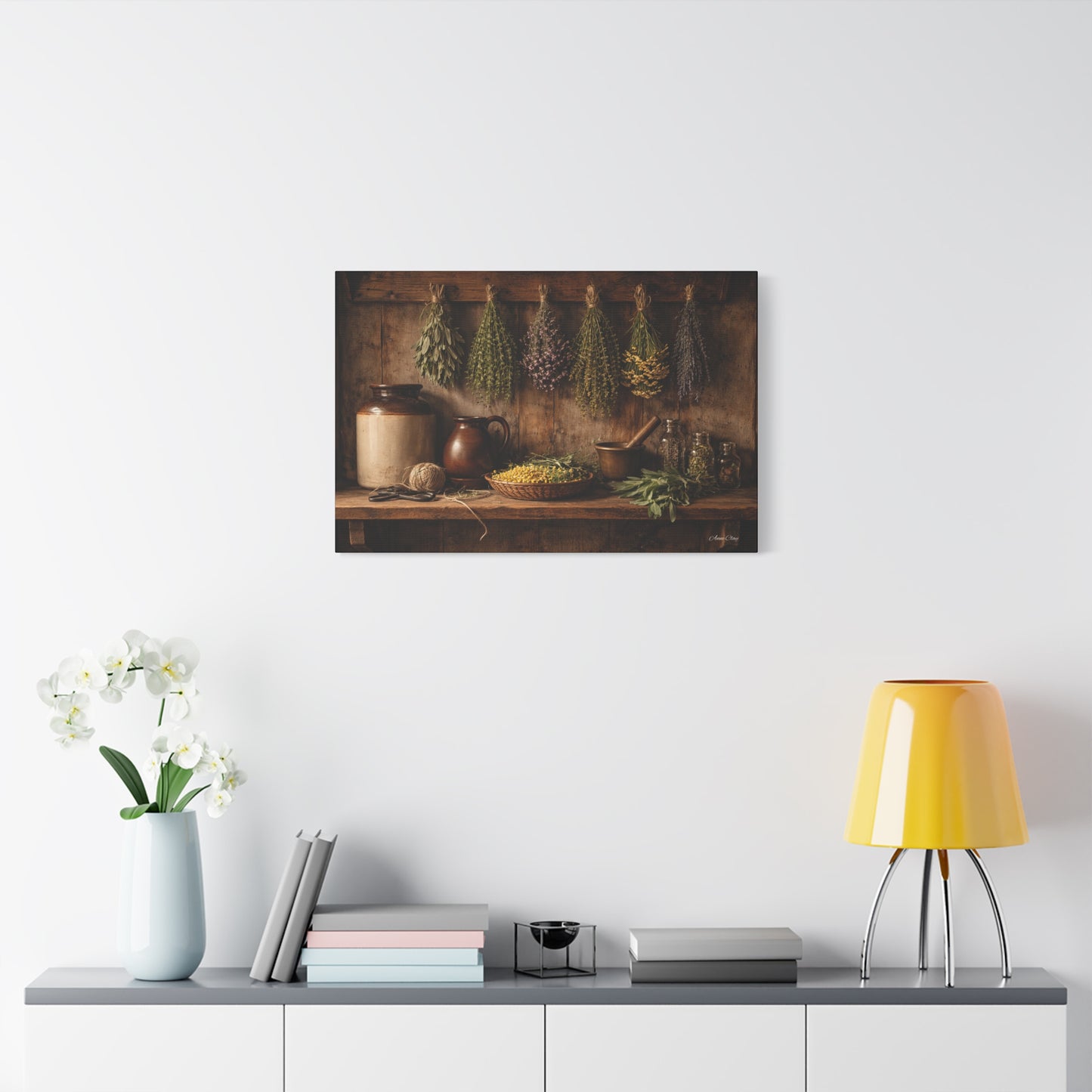 Domestic Rustic Herbal Kitchen Canvas Wall Art — Dried Herbs Still Life Matte Stretched Print