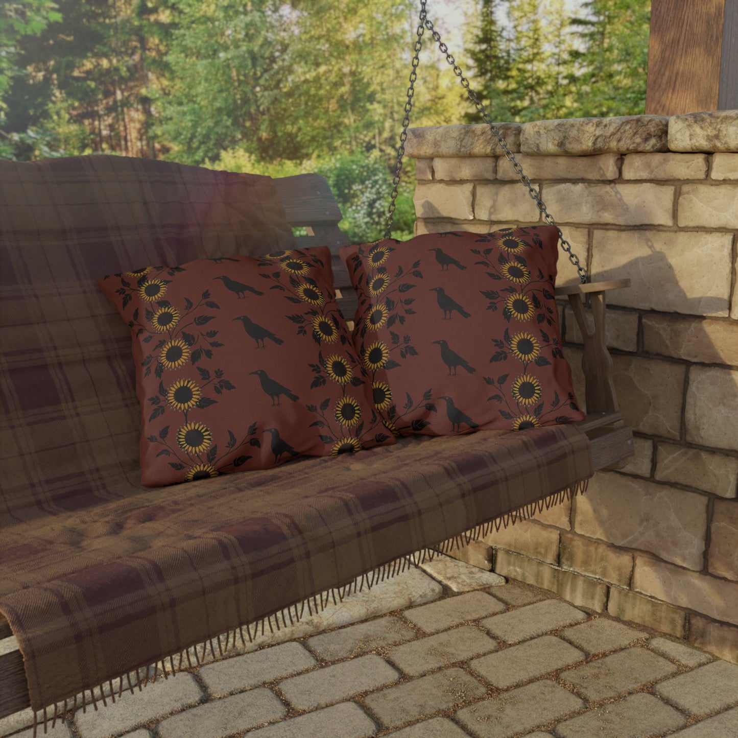 Sunflowers and Crows on Red Outdoor Pillows