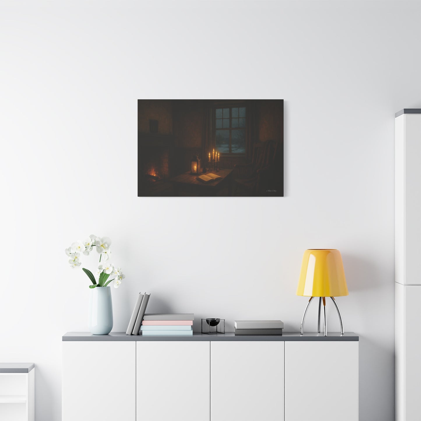 Cozy Candlelit Canvas Art, Home Decor, Warm Atmosphere, Gift for Book Lovers, Rustic Wall Art, Cozy Living Room Decor