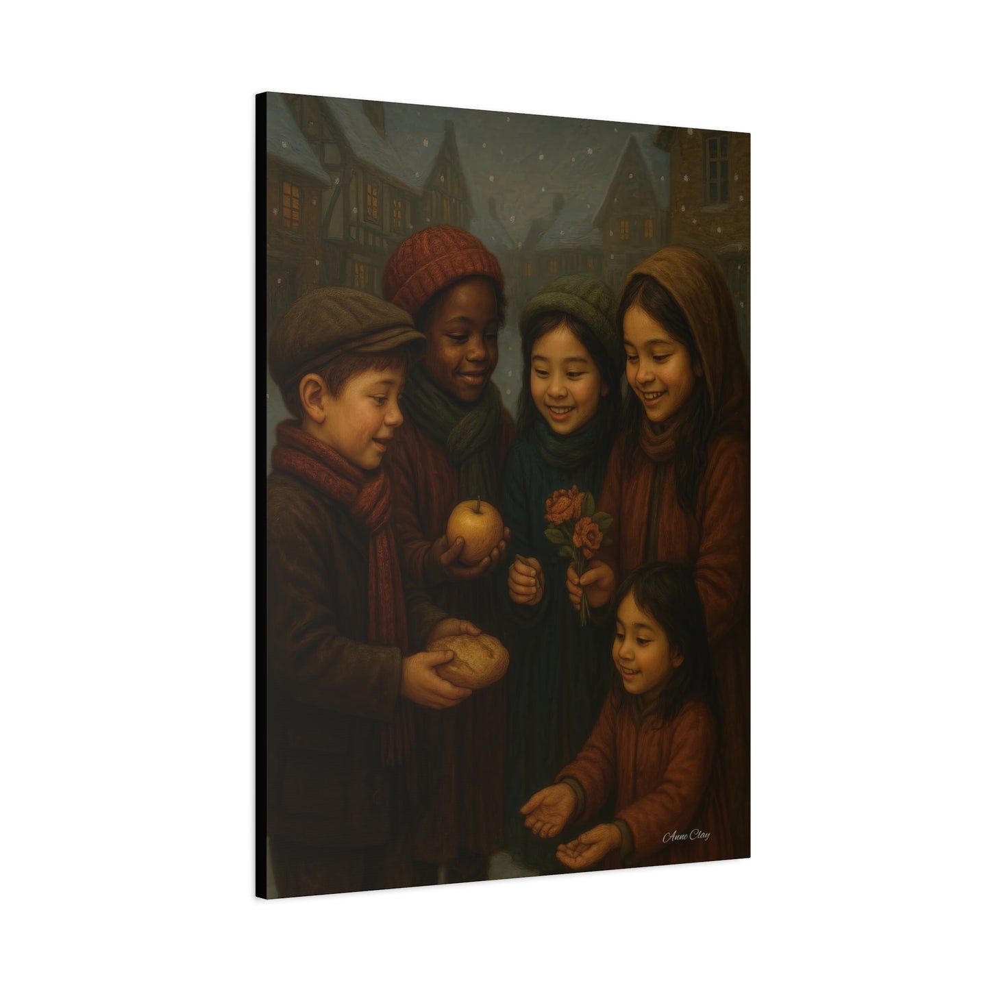 Spirit of Christmas, Open Arms, Sharing Festive Canvas Art Print: Joyful Winter Children Scene
