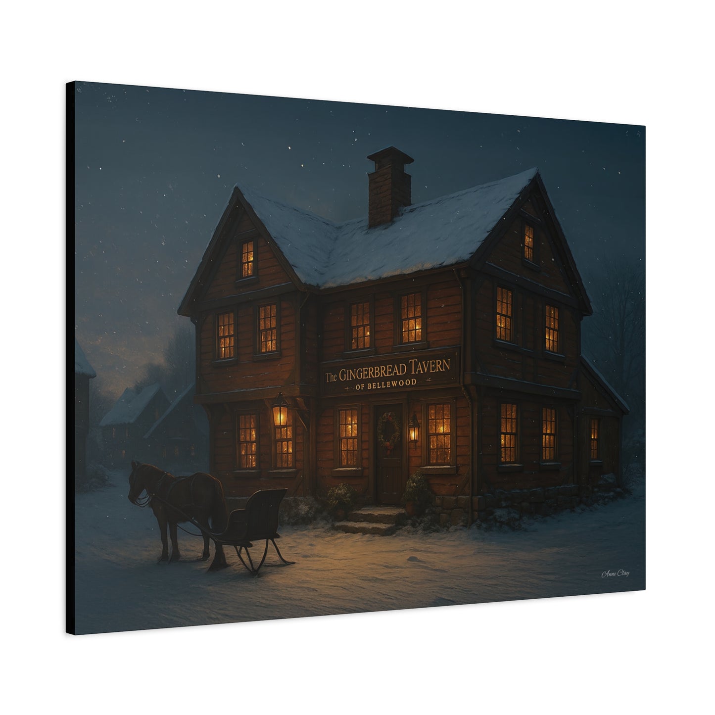 Gingerbread Tavern Winter Night Matte Stretched Canvas