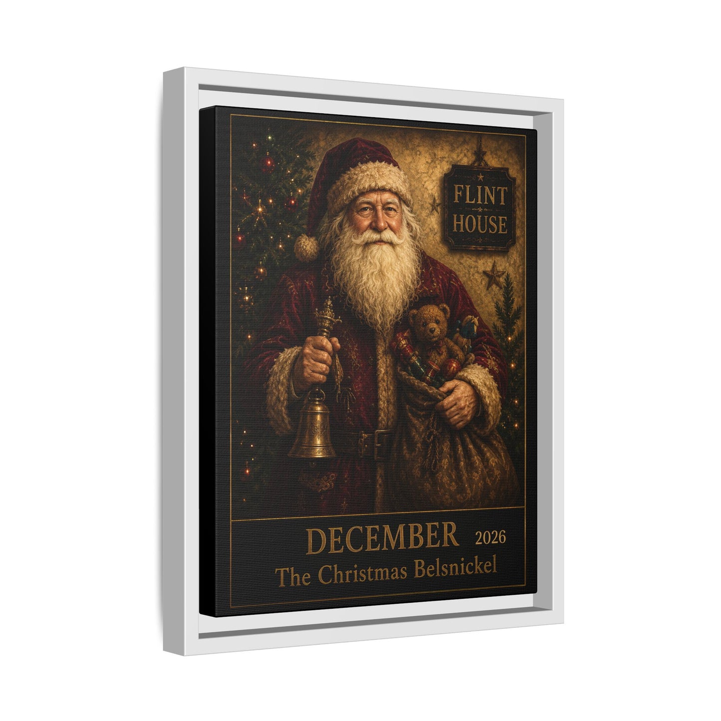 Framed Vintage Santa Canvas – “December The Christmas Belsnickel” Holiday Wall Art FLINT HOUSE COLLECTIONS