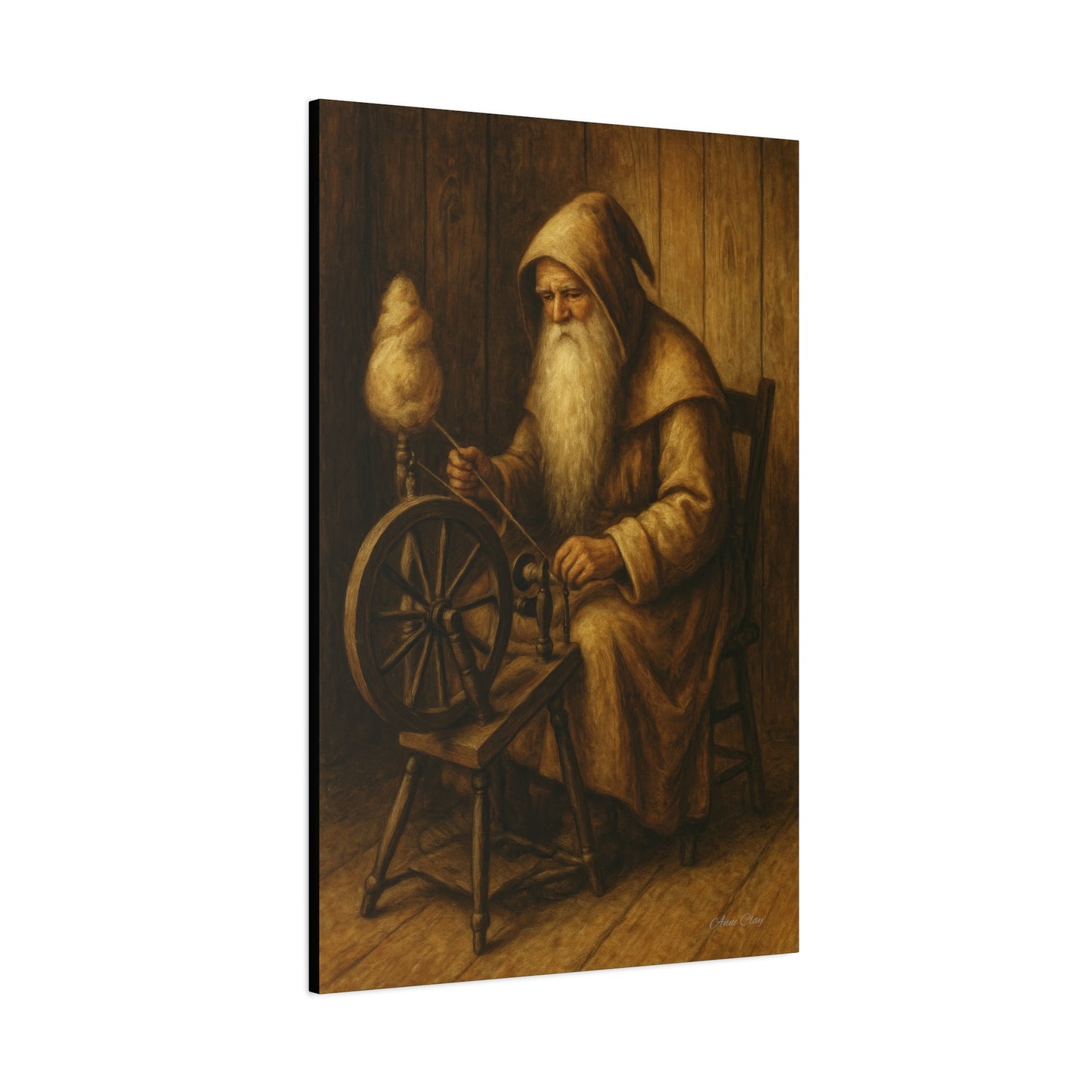 Spinning Wheel Santa, Canvas Print, Cozy Home Decor, Art for Craft Lovers, Perfect Gift for Holidays, Wall Art, Old World Santa