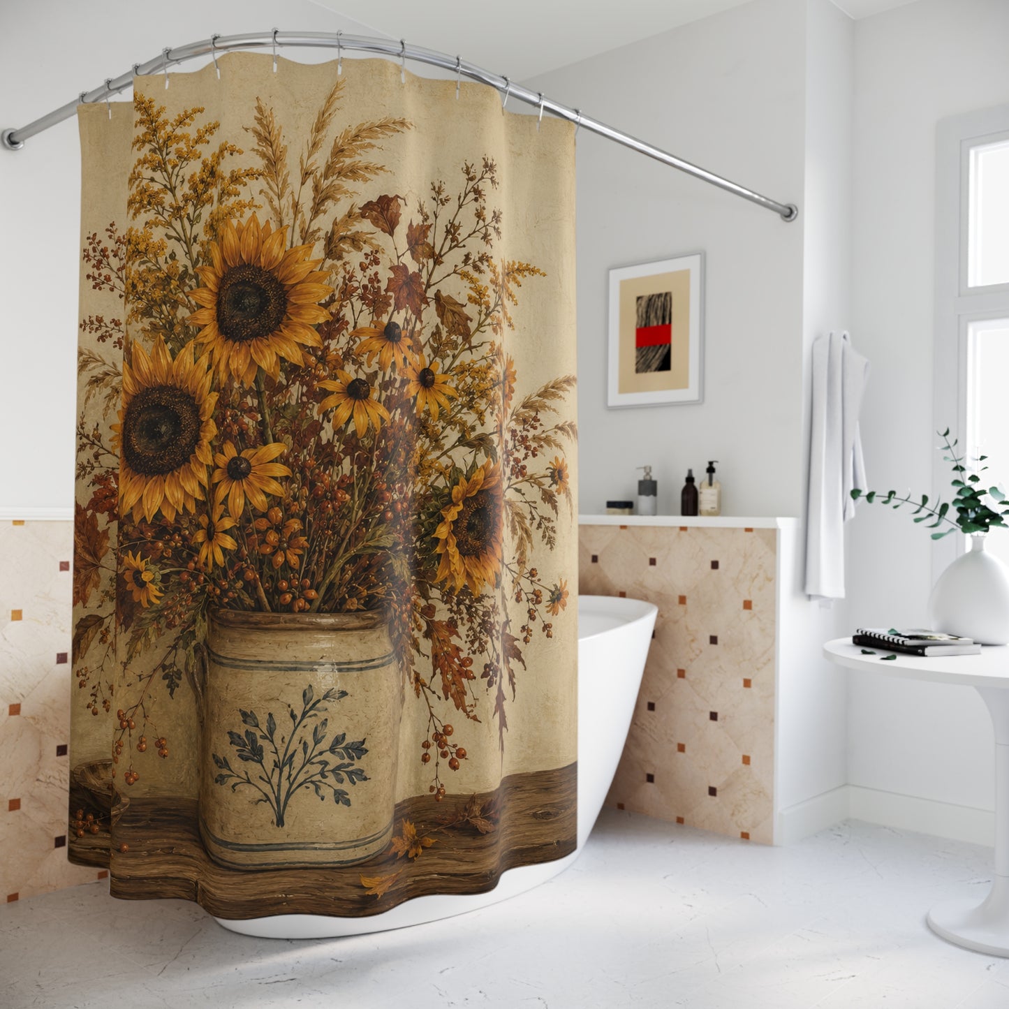 Sunflower Bouquet Shower Curtain — Rustic Floral Farmhouse Bathroom Decor