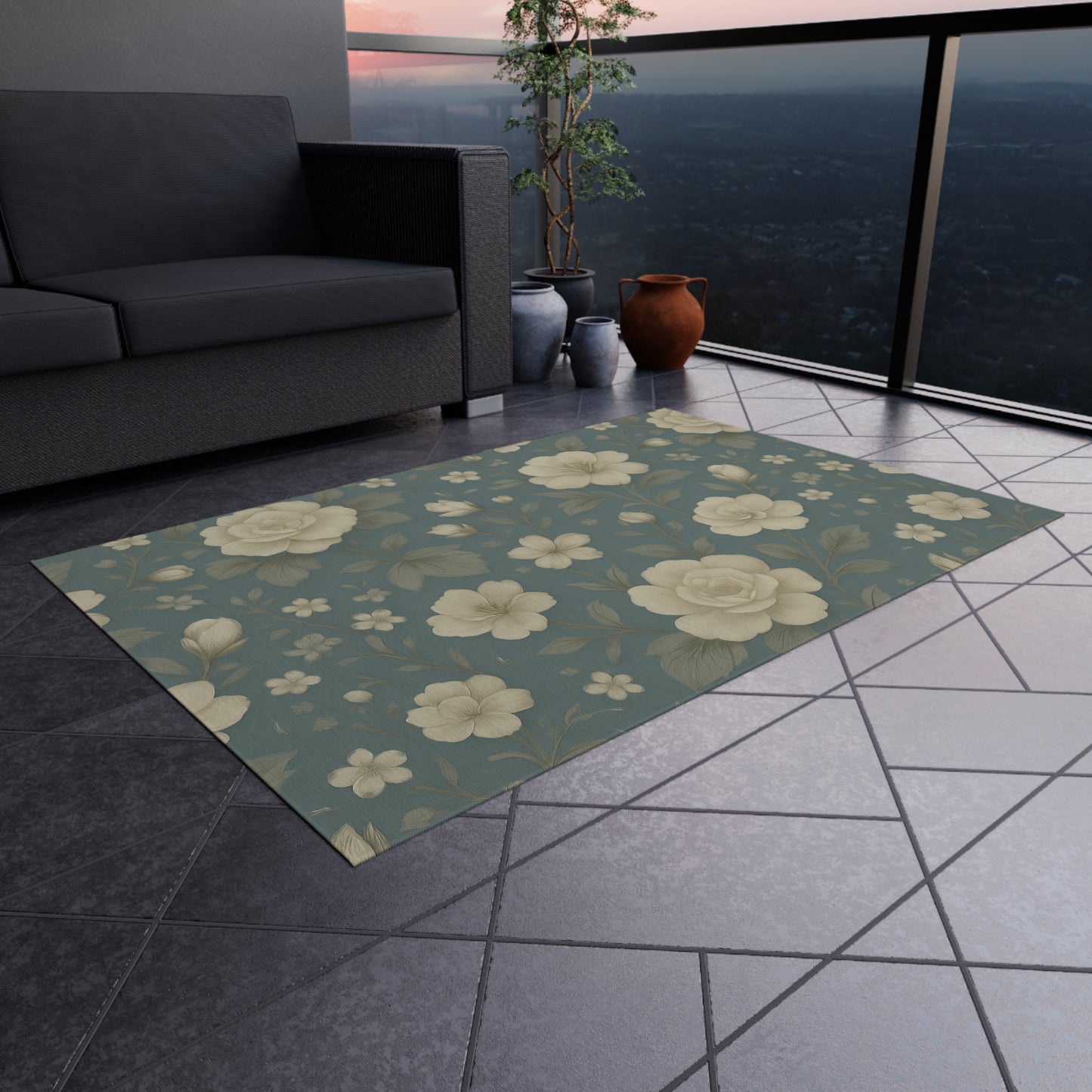 Floral Outdoor Patio Rug - Chic Garden Decor, Indoor-Outdoor Mat, Stylish Entertaining, Summer BBQ, Cozy Gathering