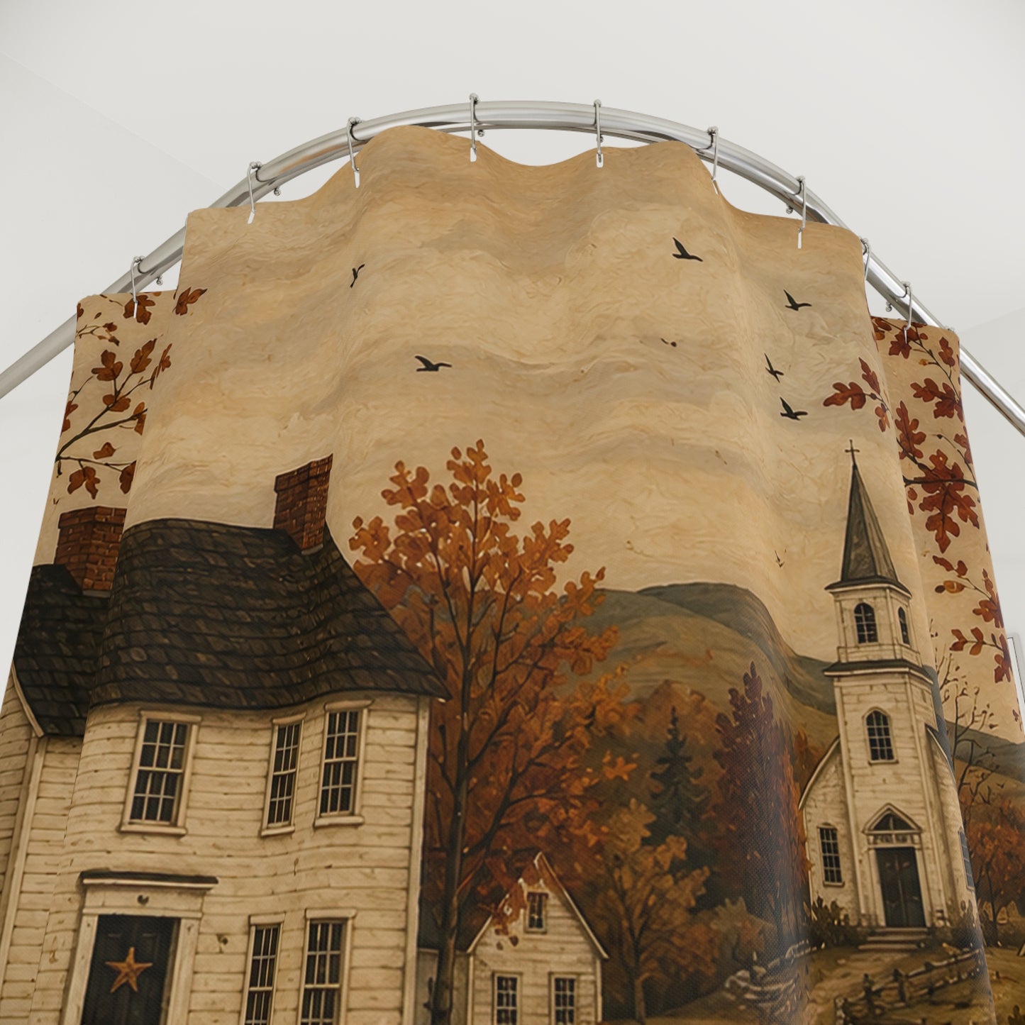 New England Autumn Village Shower Curtain — Rustic Farmhouse Bathroom Decor