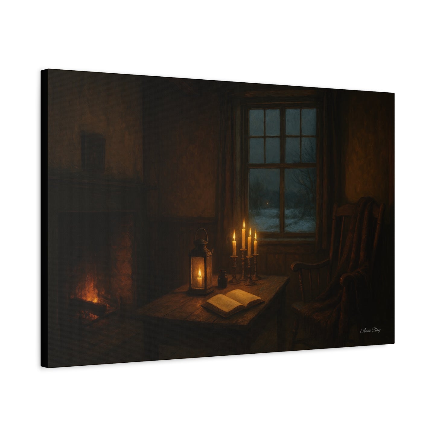 Cozy Candlelit Canvas Art, Home Decor, Warm Atmosphere, Gift for Book Lovers, Rustic Wall Art, Cozy Living Room Decor