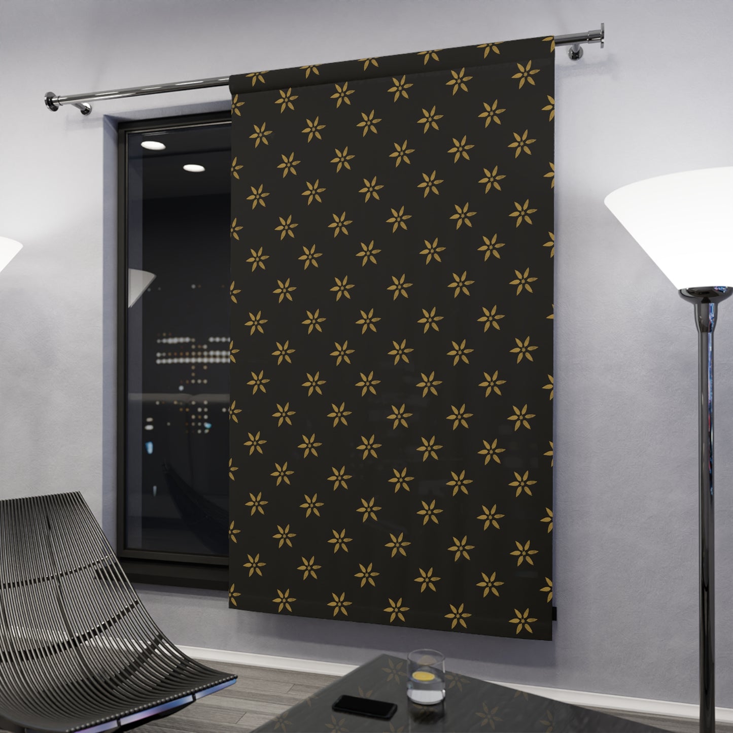 Black with Medium Gold Stencil Petals Window Curtains (1 Piece)