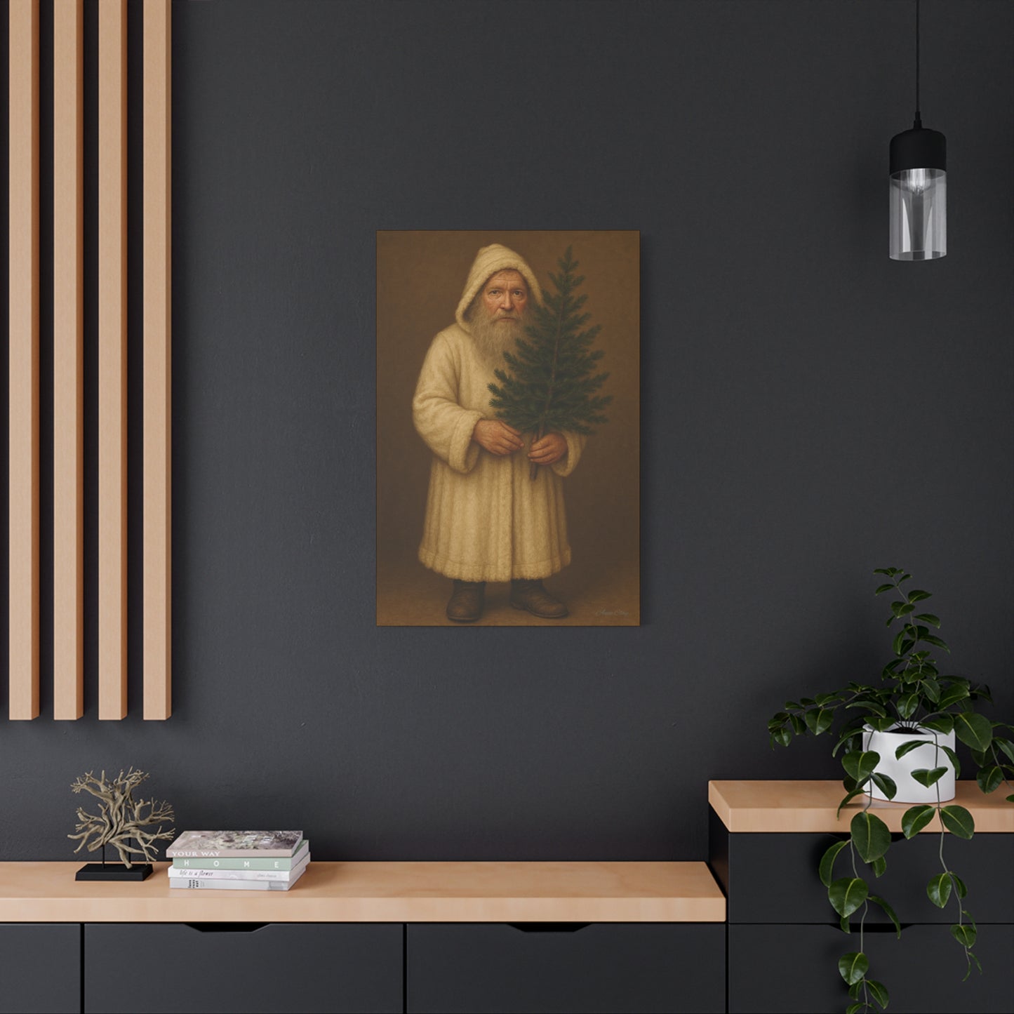 Holiday Canvas Art Print - Cozy Santa with Christmas Tree