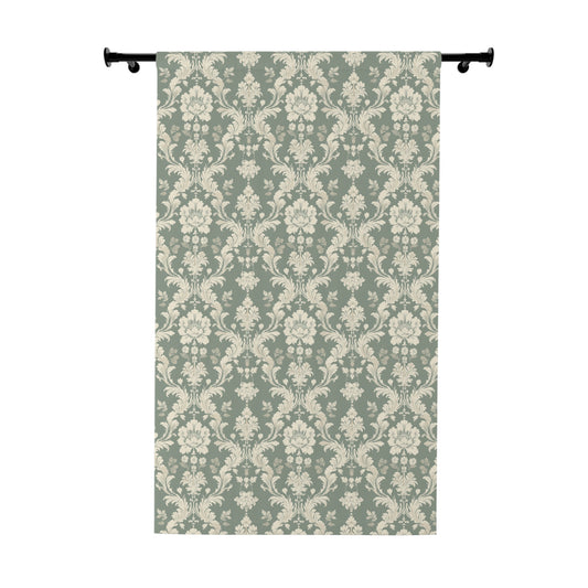 Green and Off White Damask Window Curtains (1 Piece)