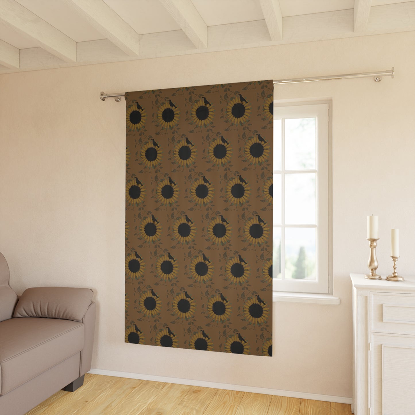 Sunflowers and Crows on Dark Gold Window Curtains (1 Piece)