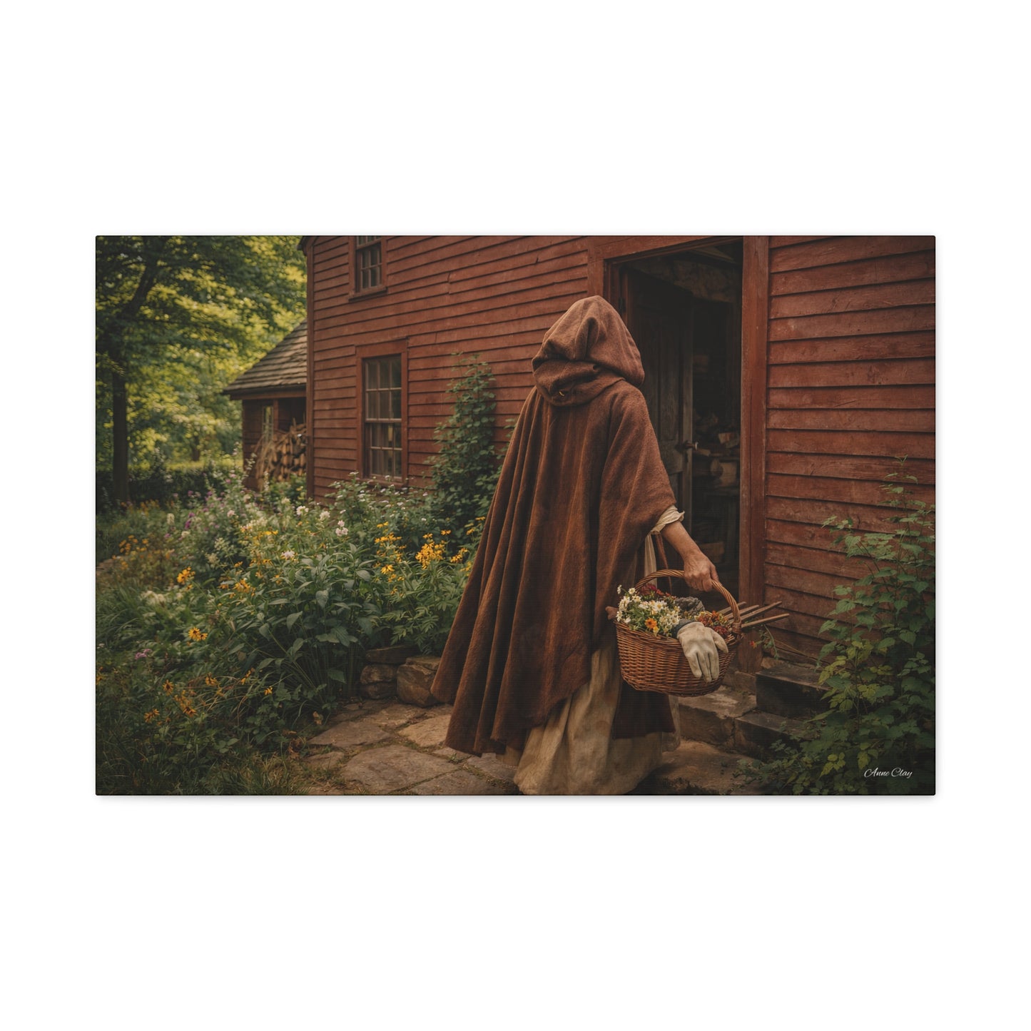 Domestic Rustic Cottage Woman Canvas Wall Art – Vintage Cloak & Basket Matte Stretched Print