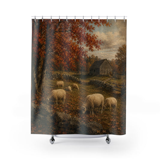 Autumn Pastoral Shower Curtain — Rustic Farmhouse Sheep & Barn Bathroom Decor