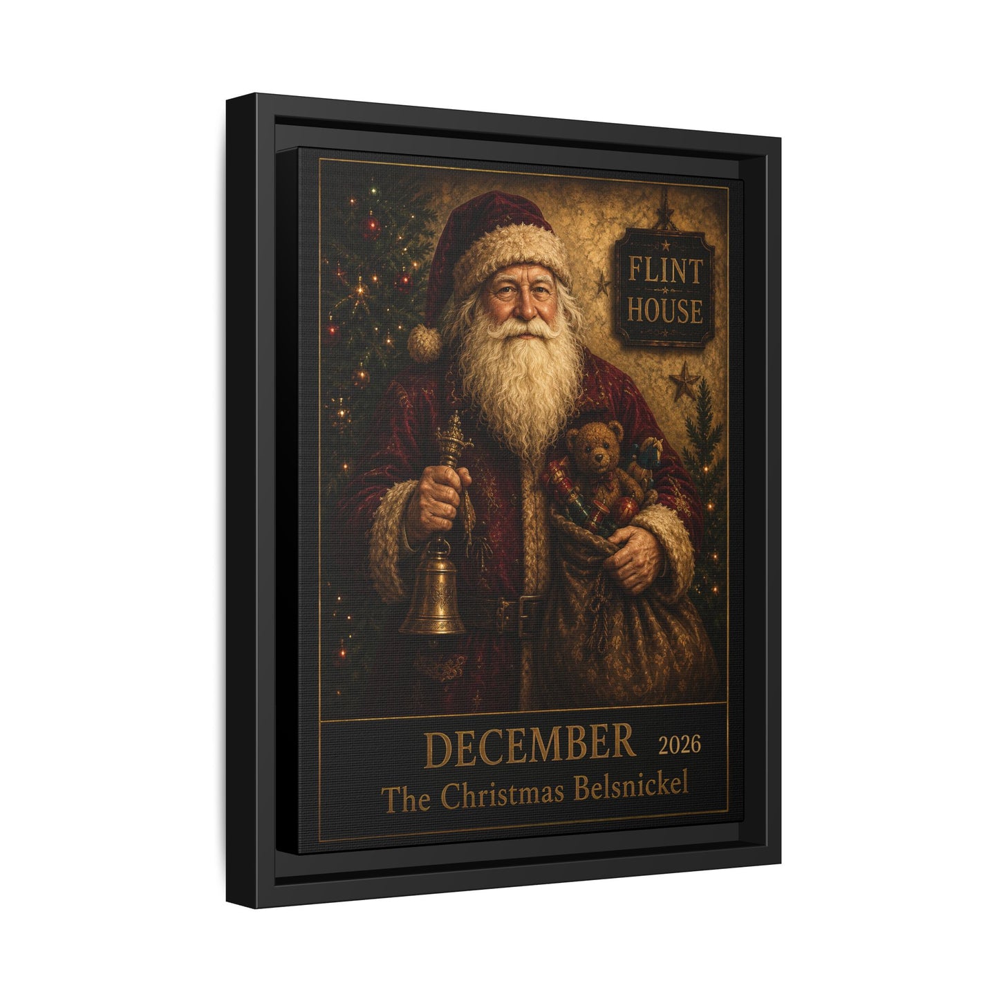 Framed Vintage Santa Canvas – “December The Christmas Belsnickel” Holiday Wall Art FLINT HOUSE COLLECTIONS