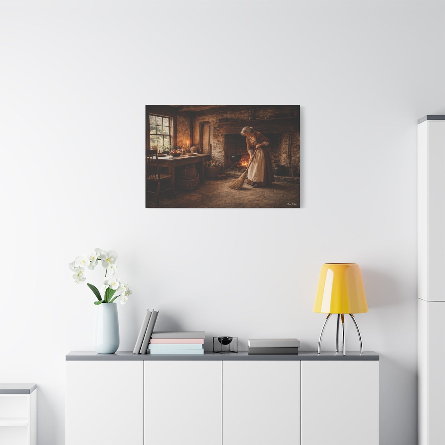 Domestic Woman Sweeping Hearth Matte Canvas, Stretched, 1.25"