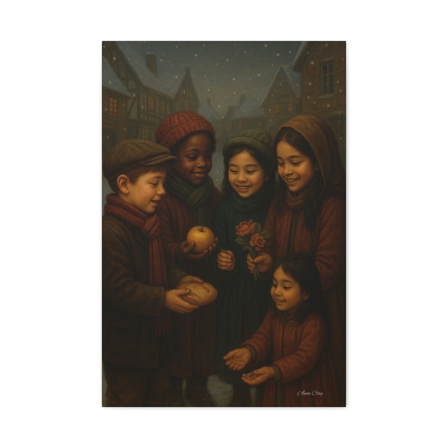 Spirit of Christmas, Open Arms, Sharing Festive Canvas Art Print: Joyful Winter Children Scene