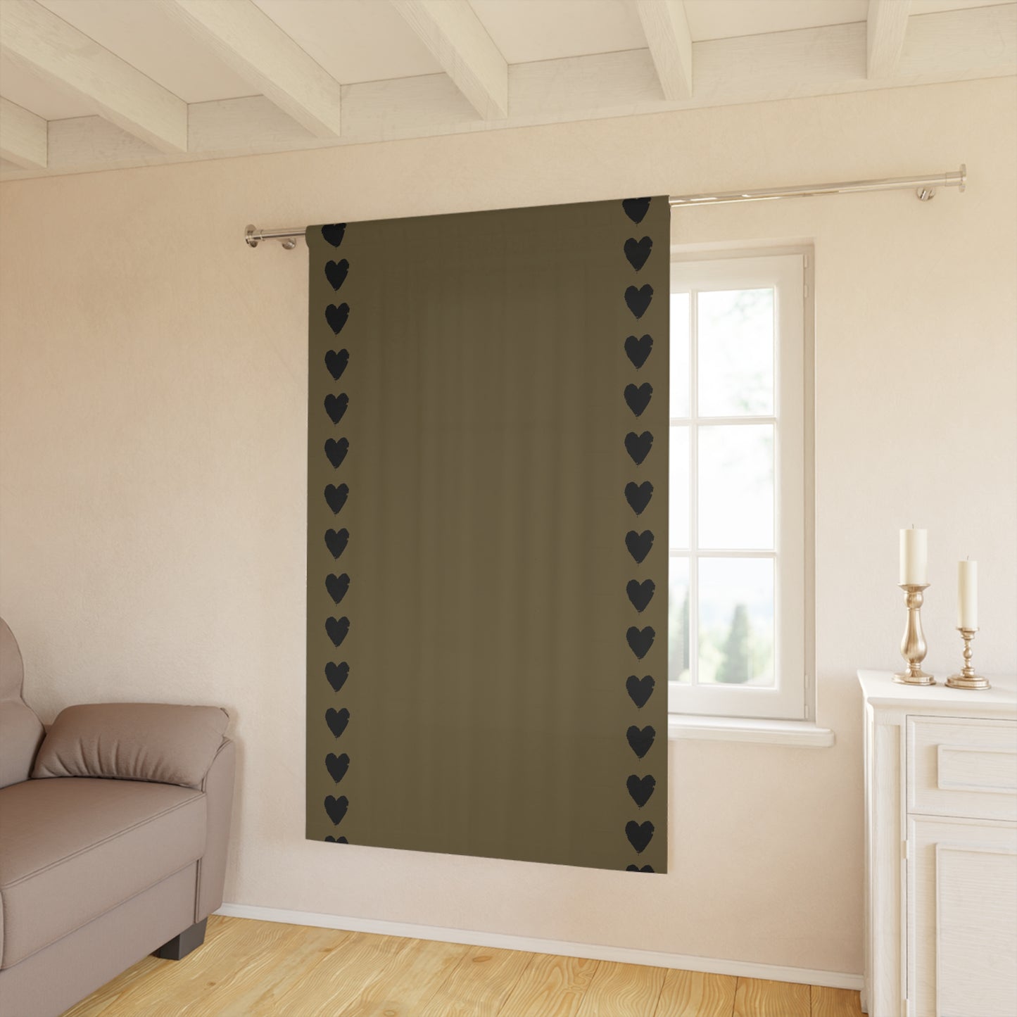 Black Hearts on Taupe Window Curtains (1 Piece)