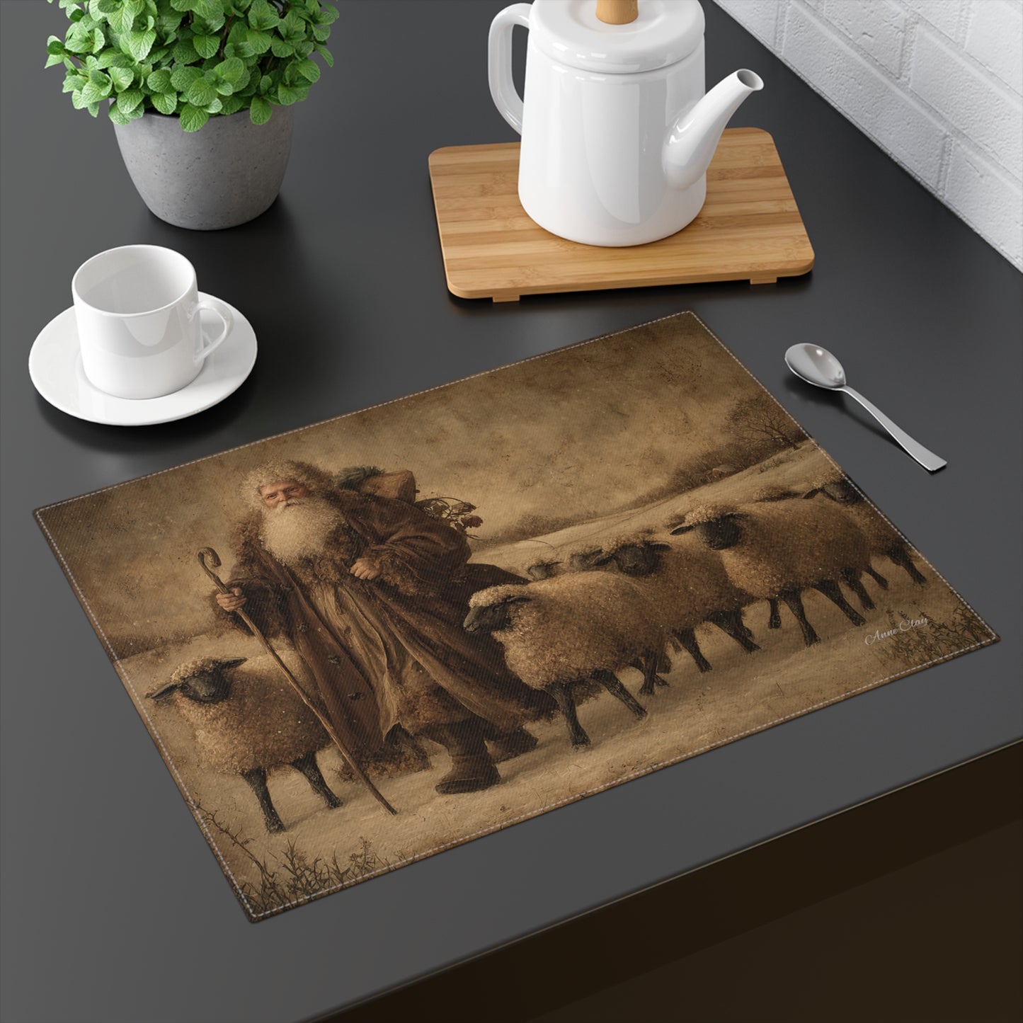 Rustic Christmas Placemat with Santa and Sheep Design, Holiday Table Decor, Festive Dining, Winter Wonderland, Farmhouse Style