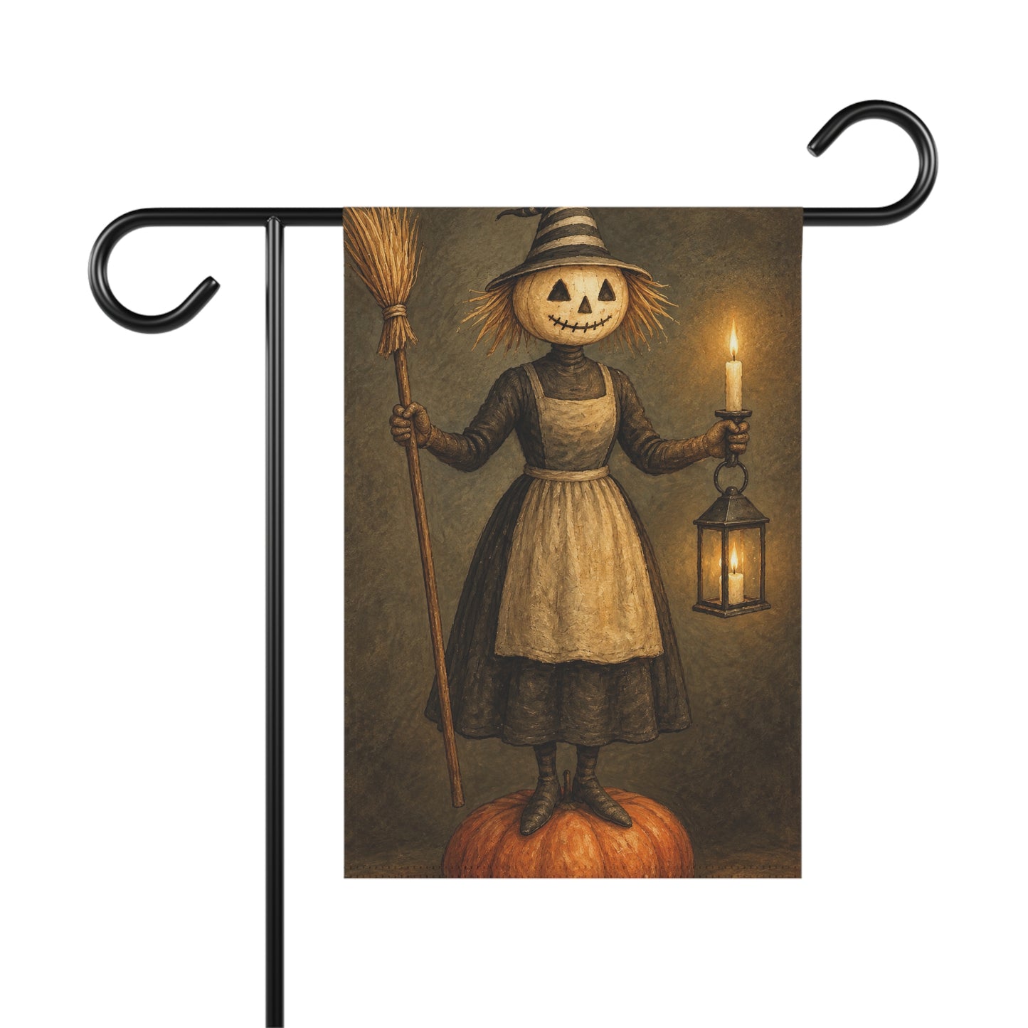 Halloween Scarecrow Garden Flag — Vintage Jack-o'-Lantern Lady Holding Lantern