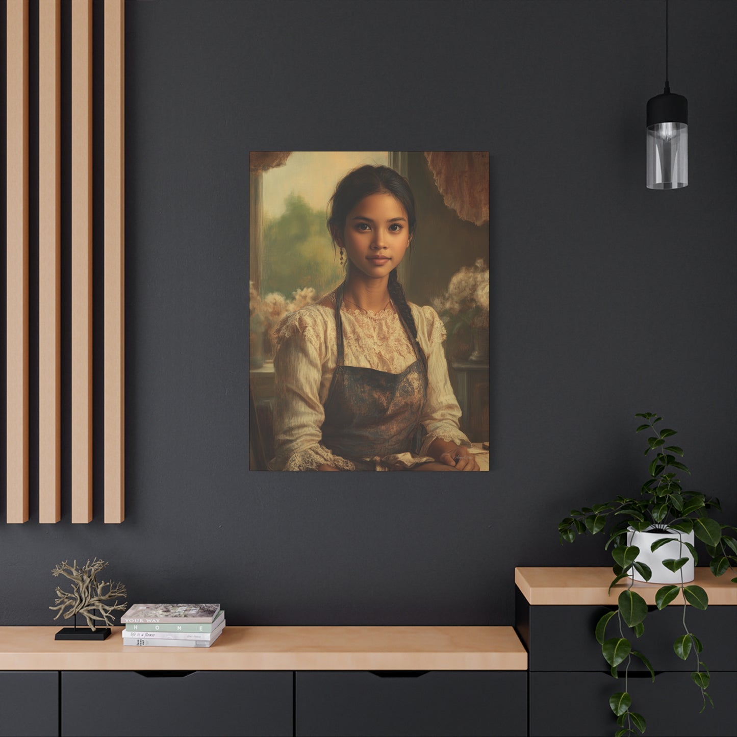 Elegant Stretched Canvas Art, Portrait with Vintage Aesthetic, Home Decor, Gift for Art Lovers, Wall Art, Framed Artwork