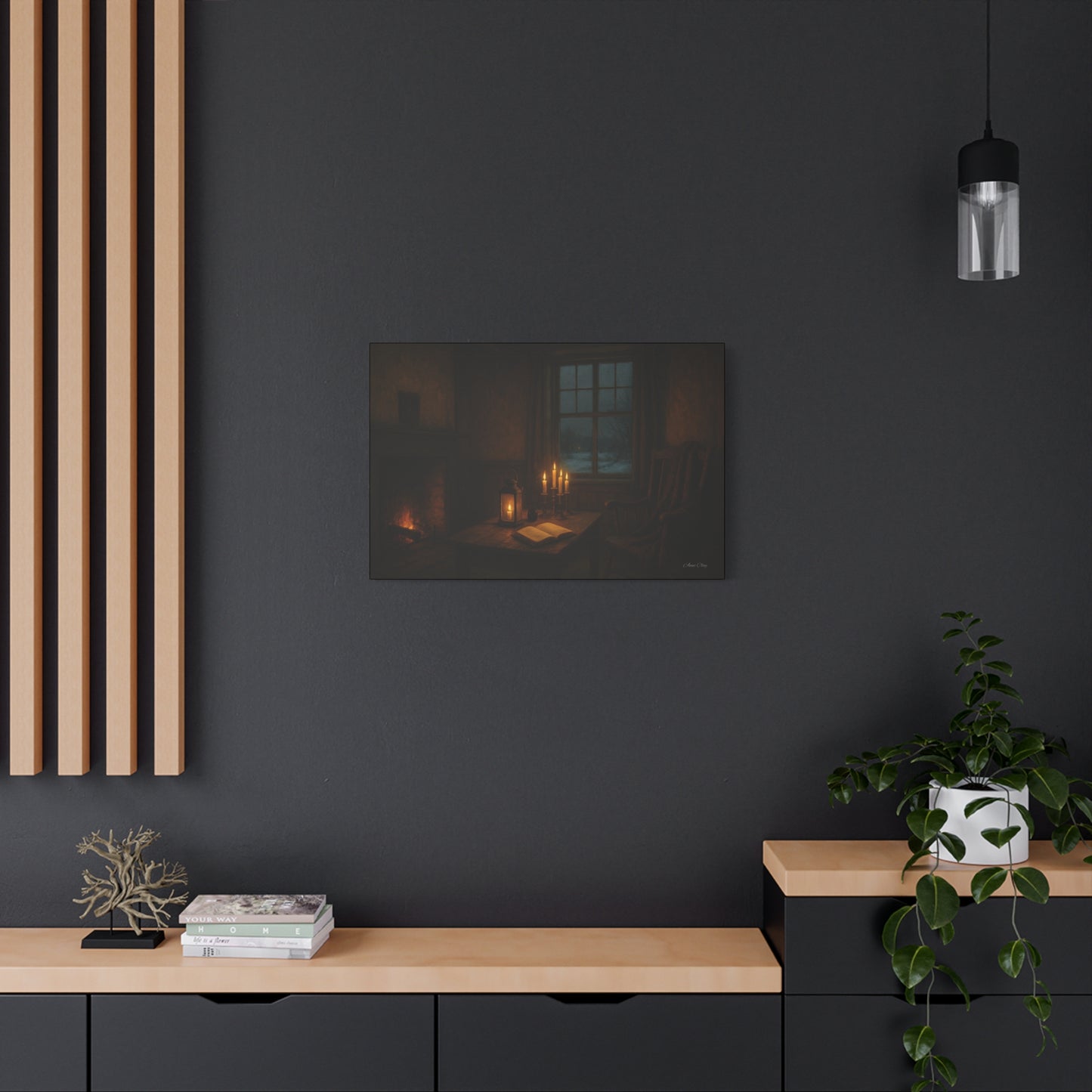 Cozy Candlelit Canvas Art, Home Decor, Warm Atmosphere, Gift for Book Lovers, Rustic Wall Art, Cozy Living Room Decor