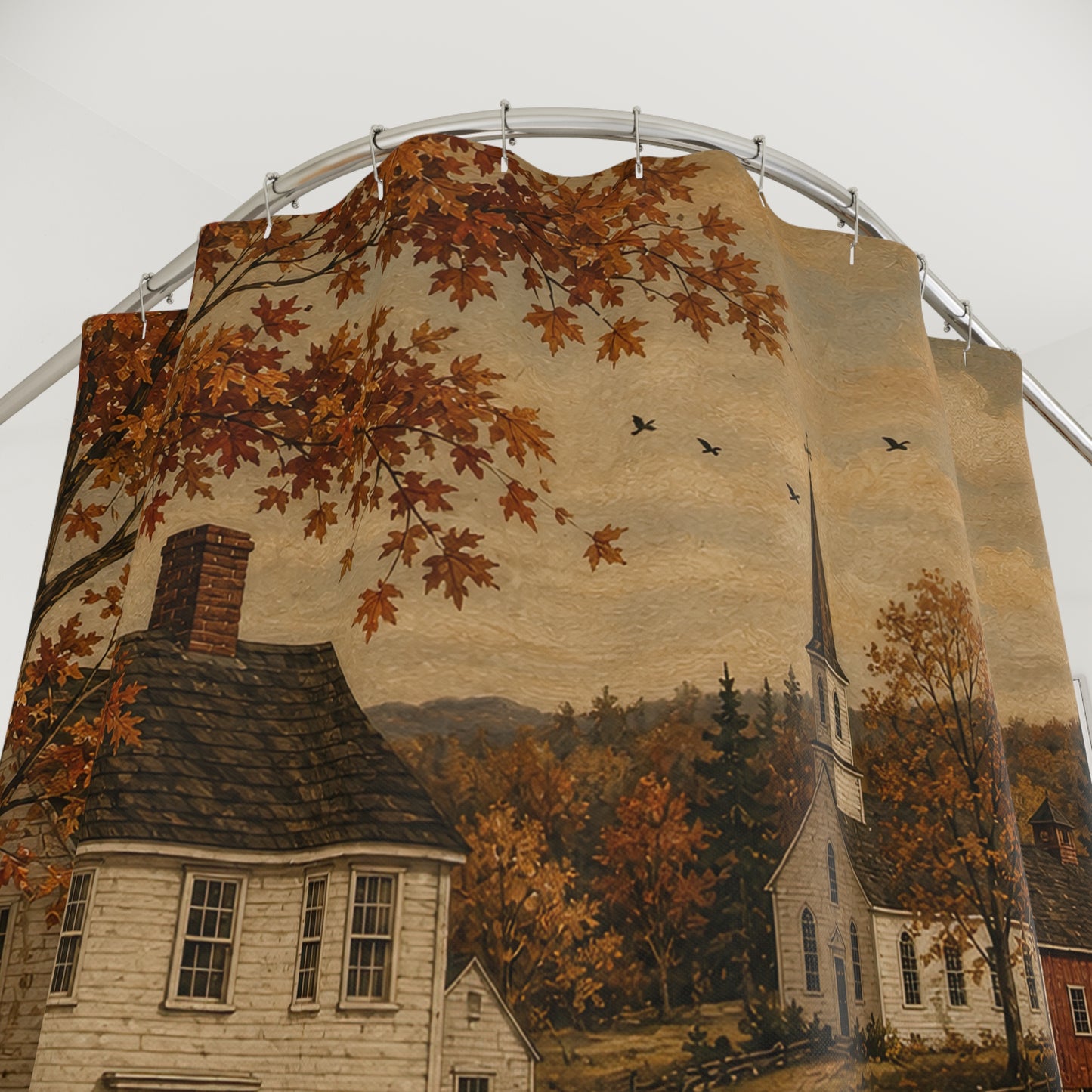 Autumn Village Shower Curtain — Cozy Fall Country Church Bathroom Decor