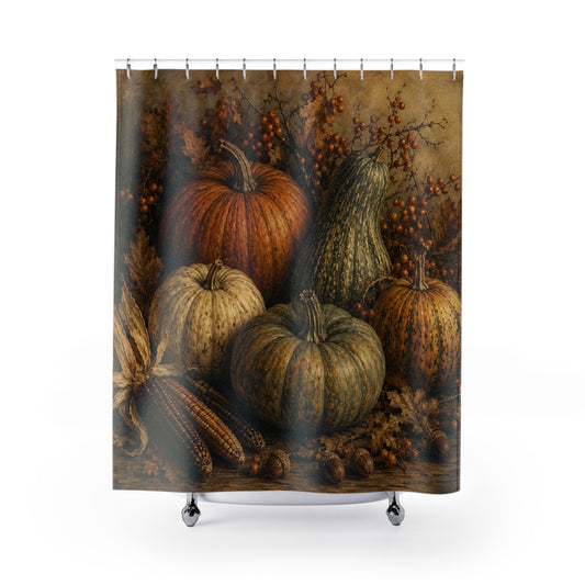 Autumn Harvest Pumpkin Shower Curtain — Rustic Fall Bathroom Decor