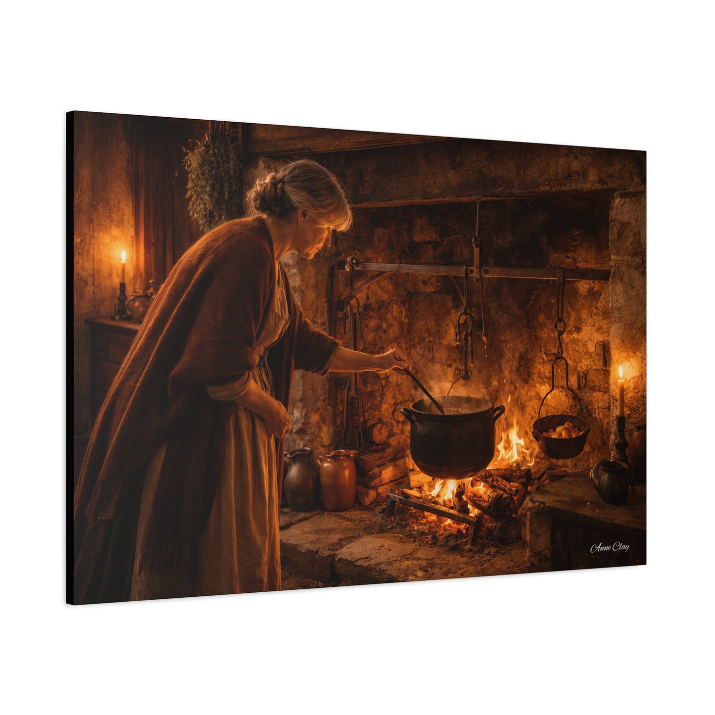 Domestic Colonial Woman at Hearth Matte Canvas